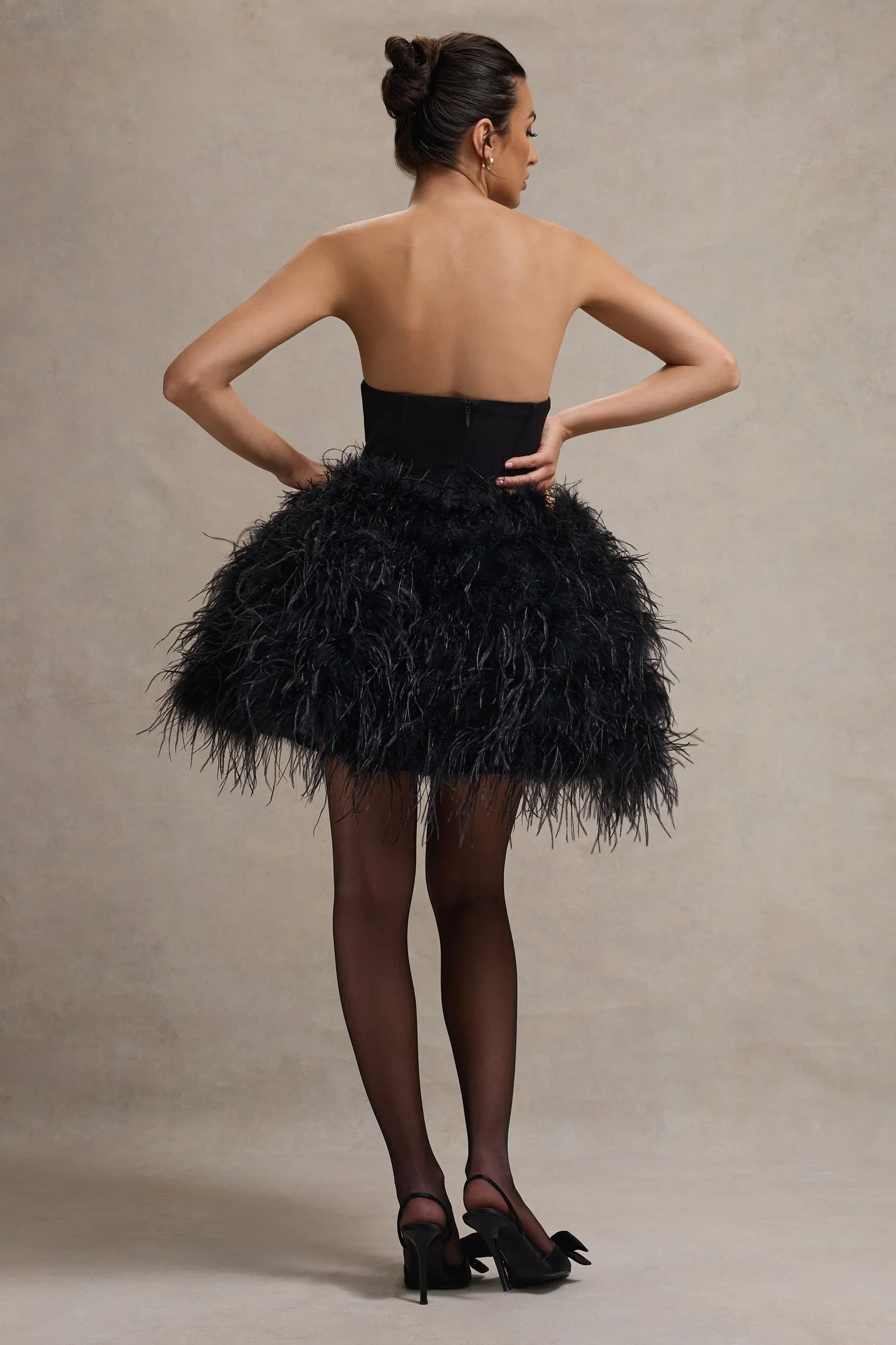 Peaches | Black Strapless Mini Dress With Volume Feather Hem