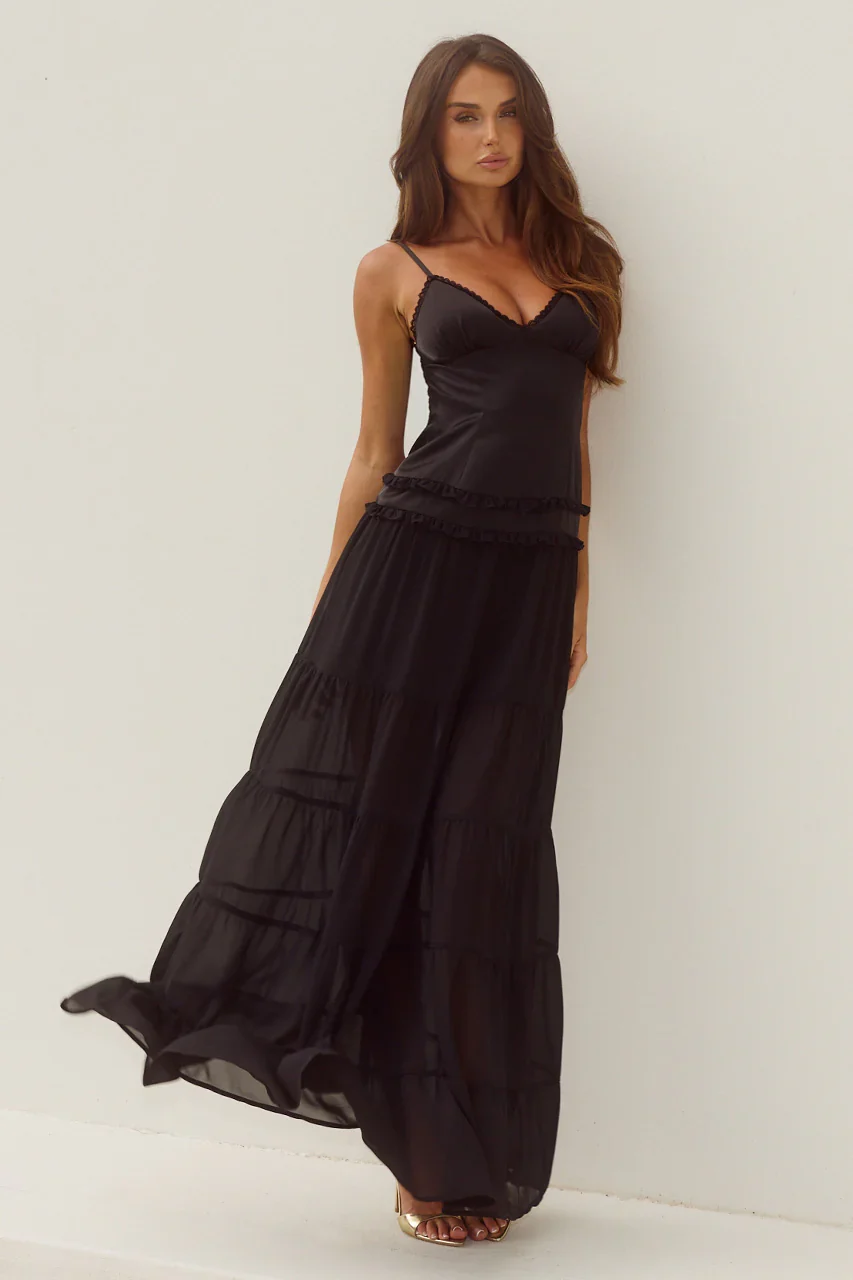 ROSETTA BACKLESS TIERED MAXI DRESS - BLACK