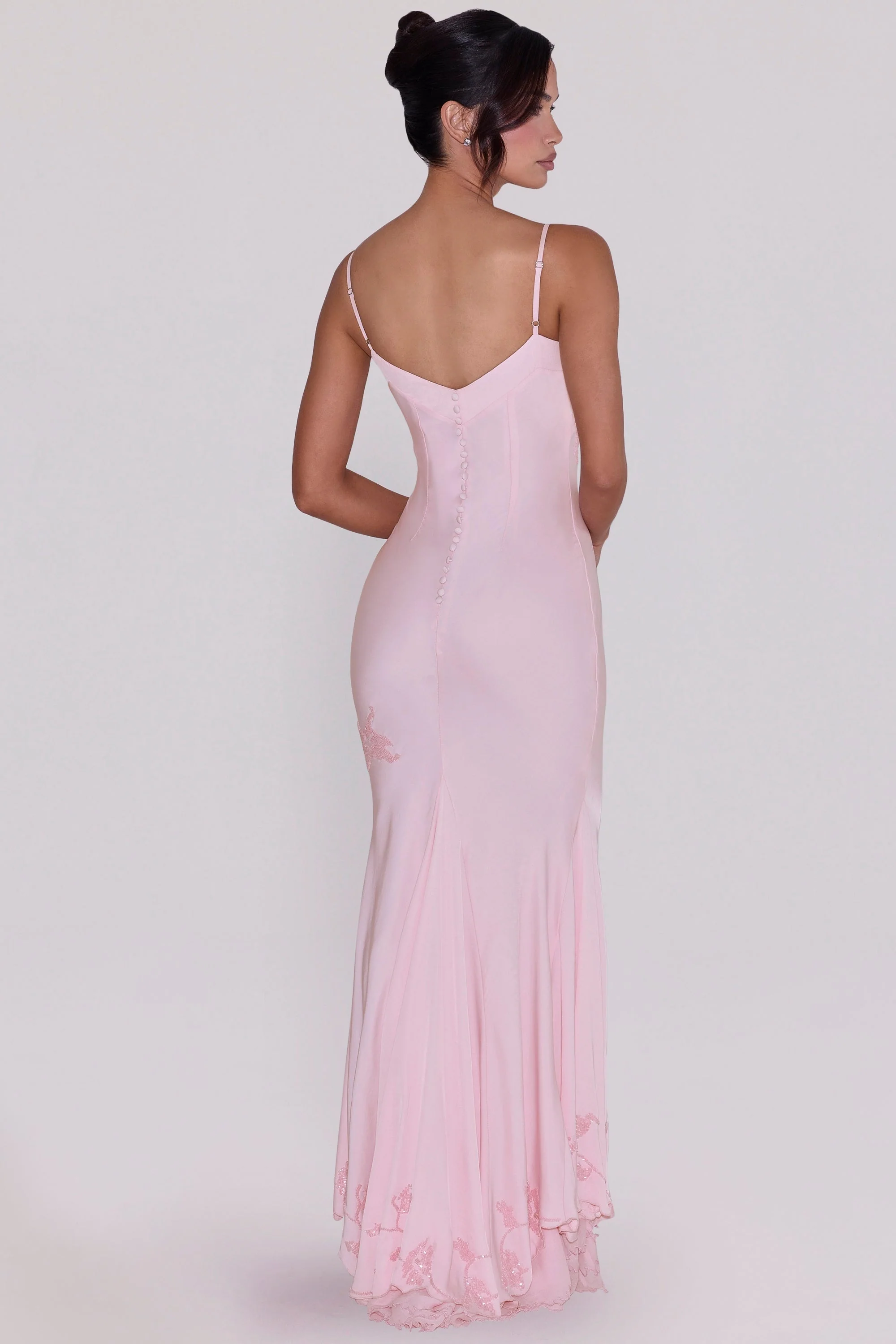 pink hand beaded embellished satin maxi dress