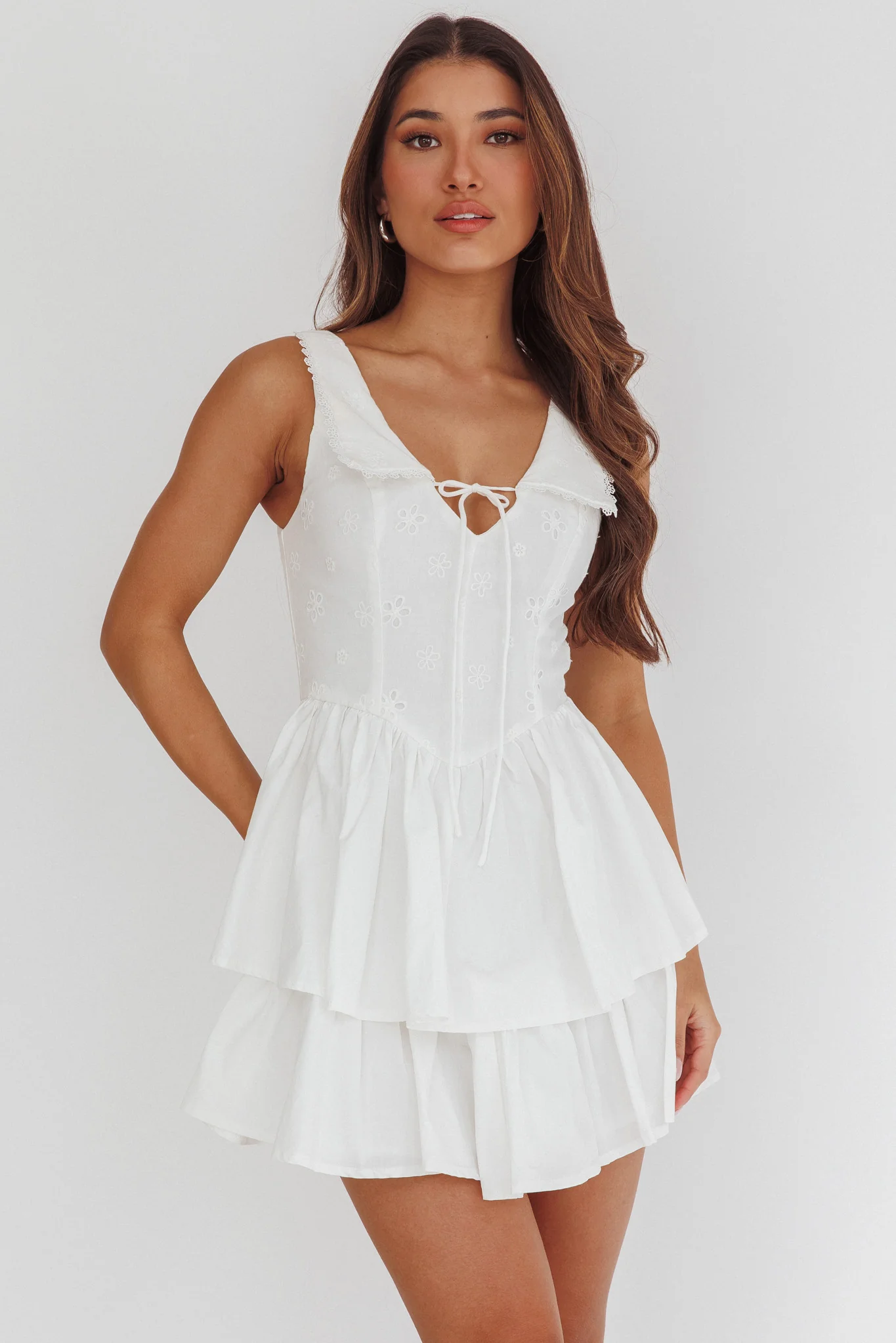 Corella Tied Bust Layered Hem Mini Dress White