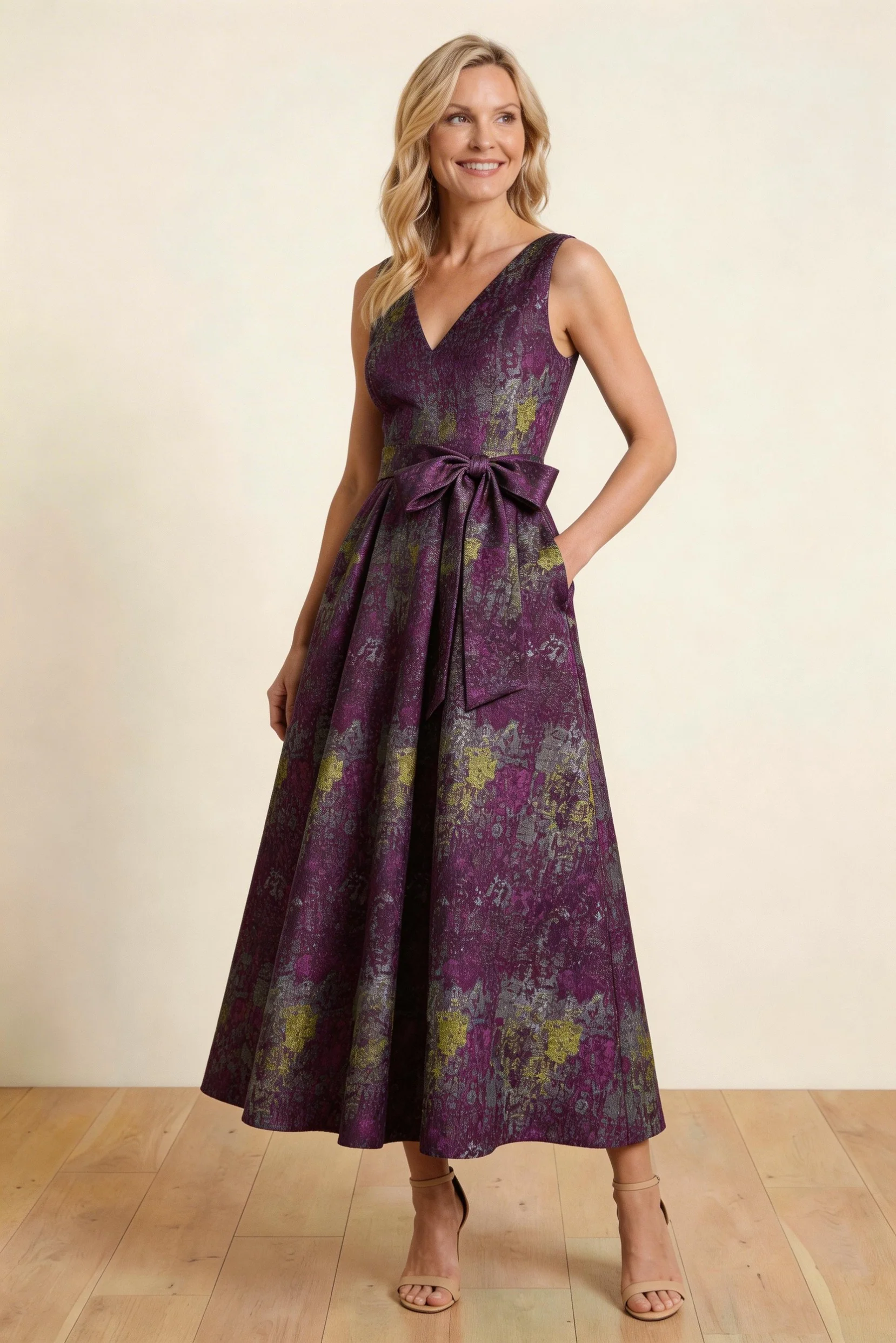 A-Line Tea-Length Jacquard Mother of the Bride Dress CM0425