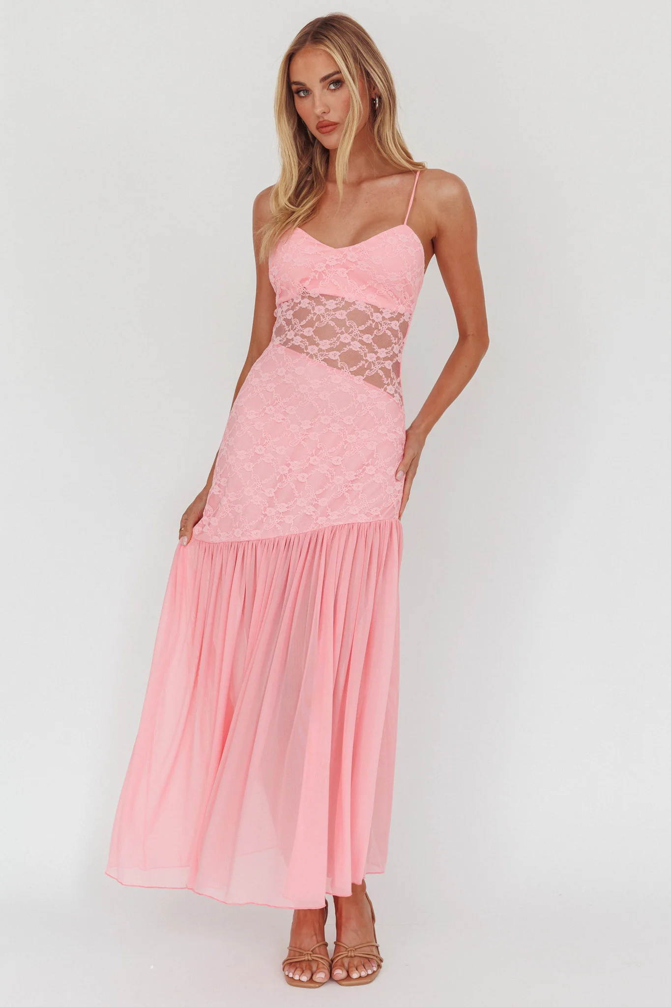 Kinley Sheer Hem Lace Maxi Dress Pink