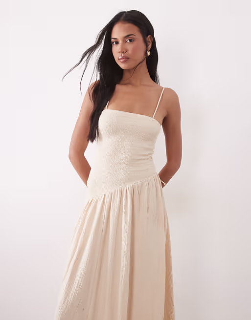 crinkle cami tie back midi dress with asymmetric waist in stone
