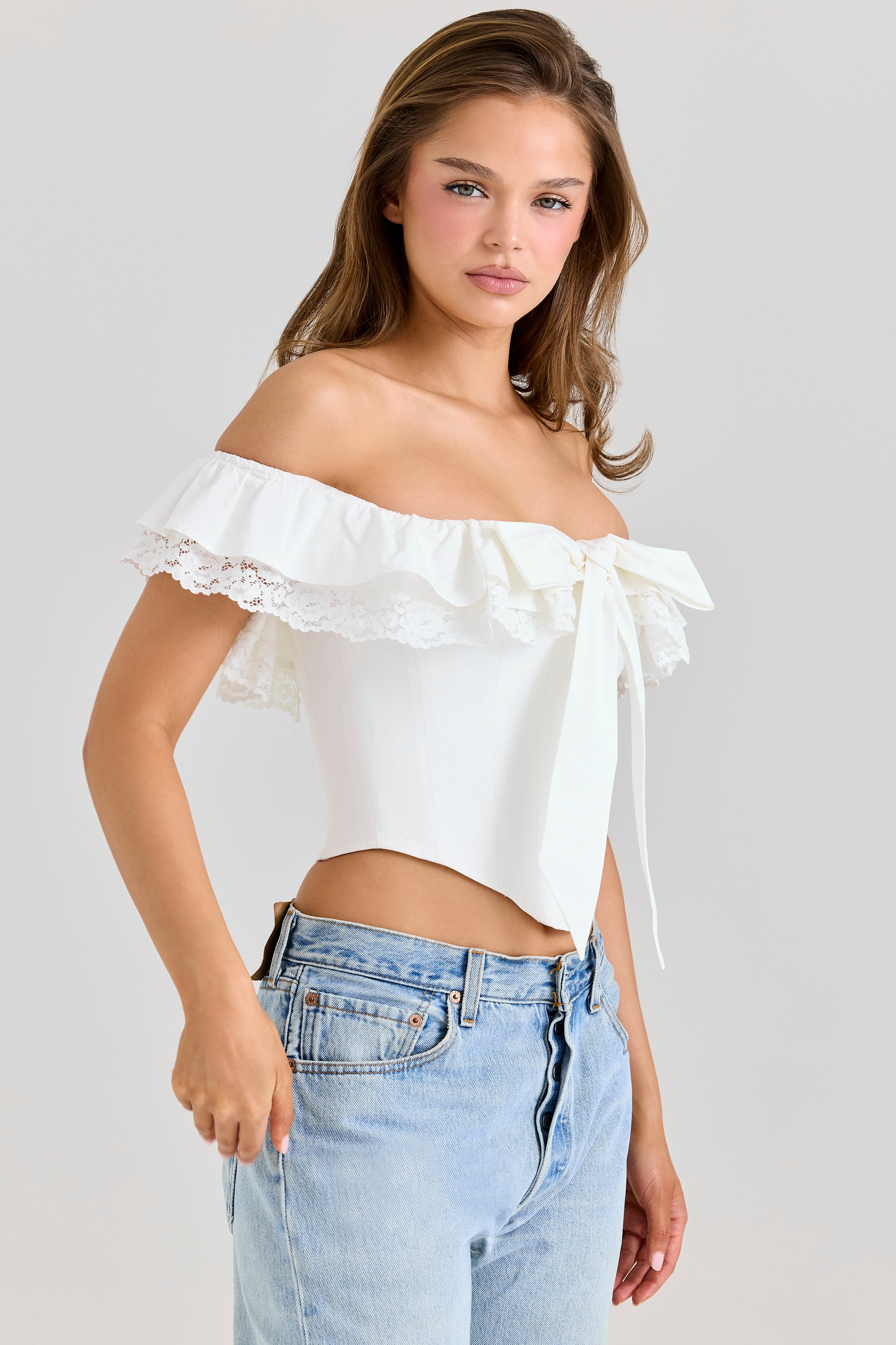 white stretch cotton off-the-shoulder frill corset
