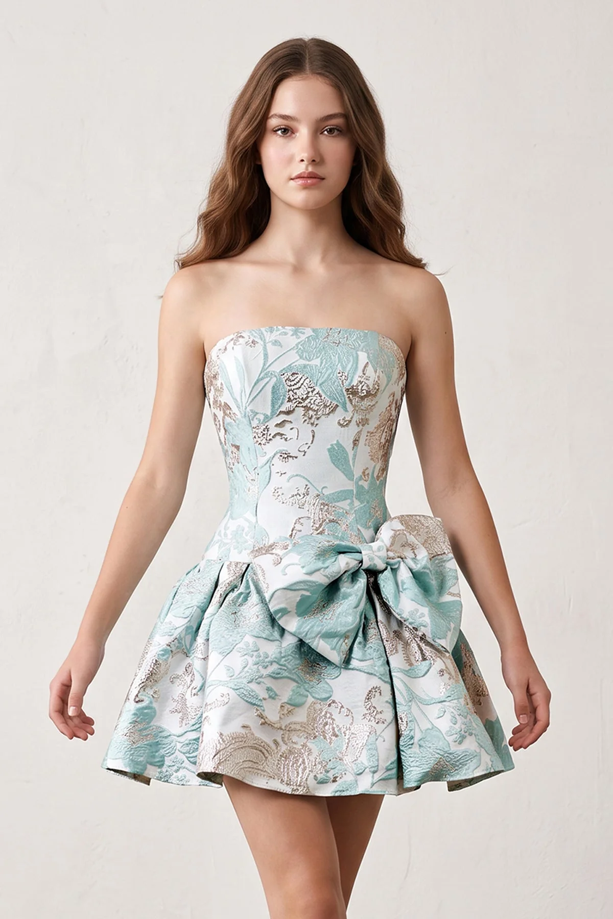 Fuchsia Strapless Jacquard A-Line Homecoming Dress with Bowknot