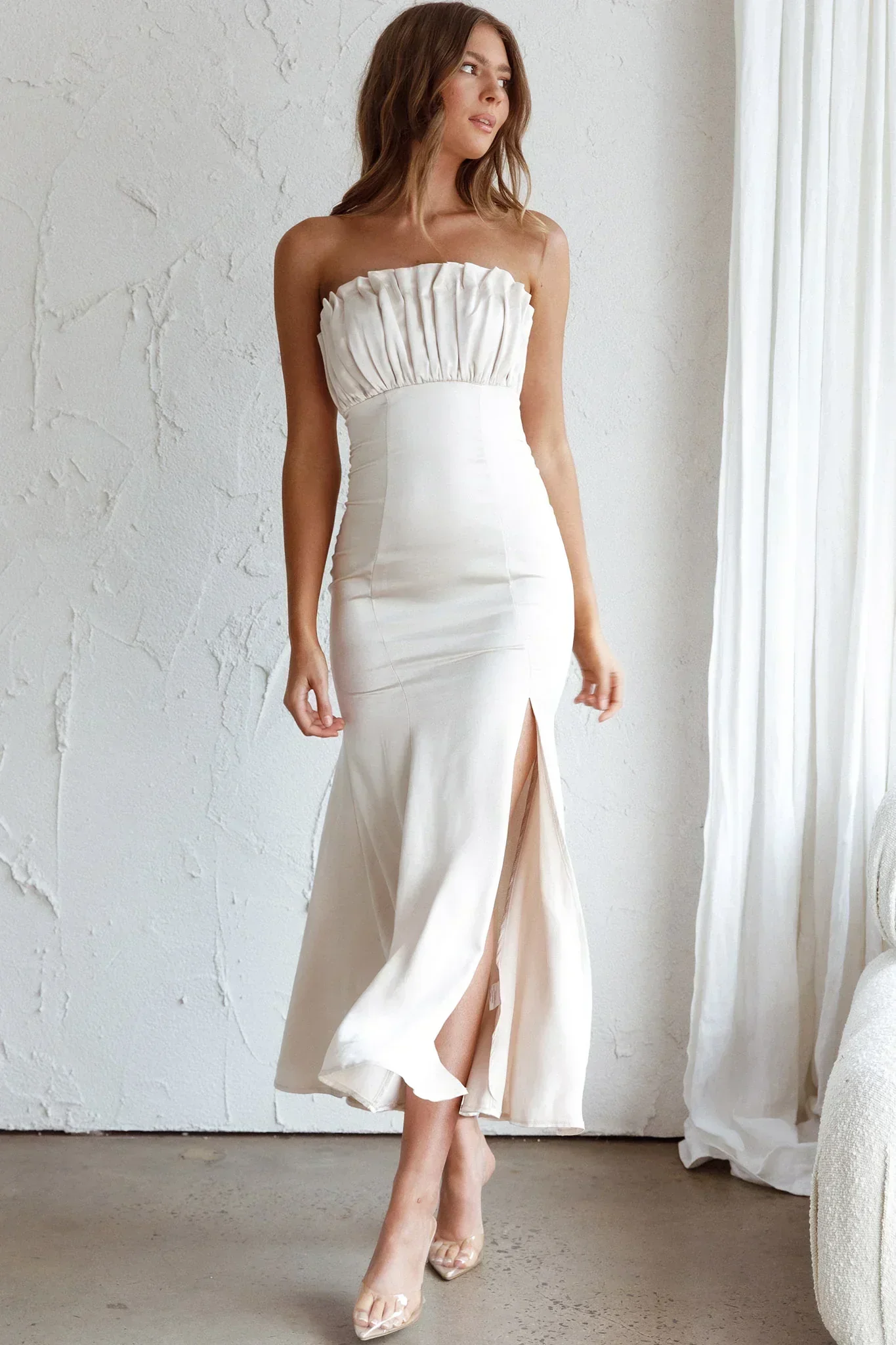 Tivoli Strapless Gathered Bust Midi Dress Champagne