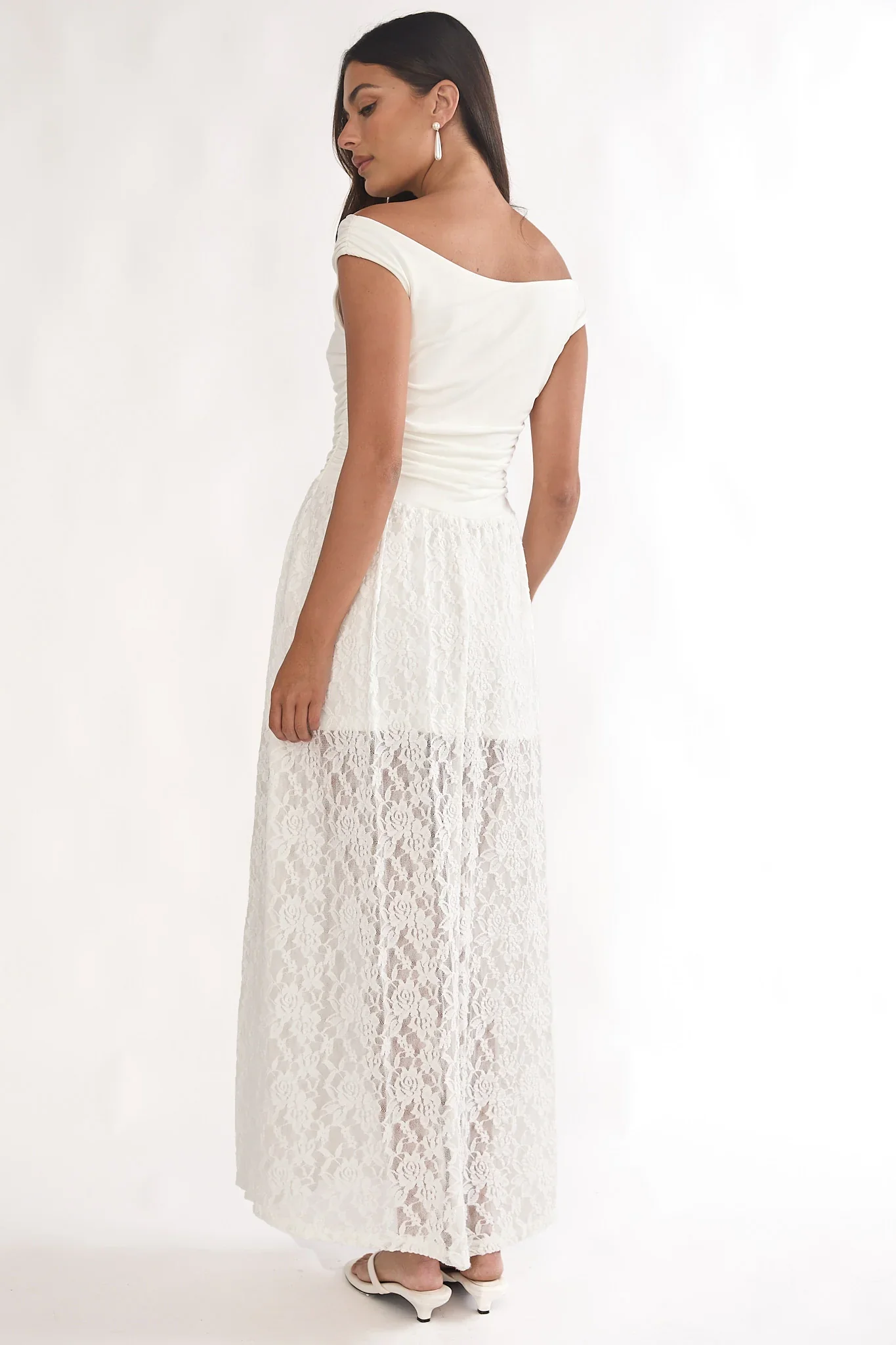 In Blooms Off-Shoulder Lace Maxi Dress White