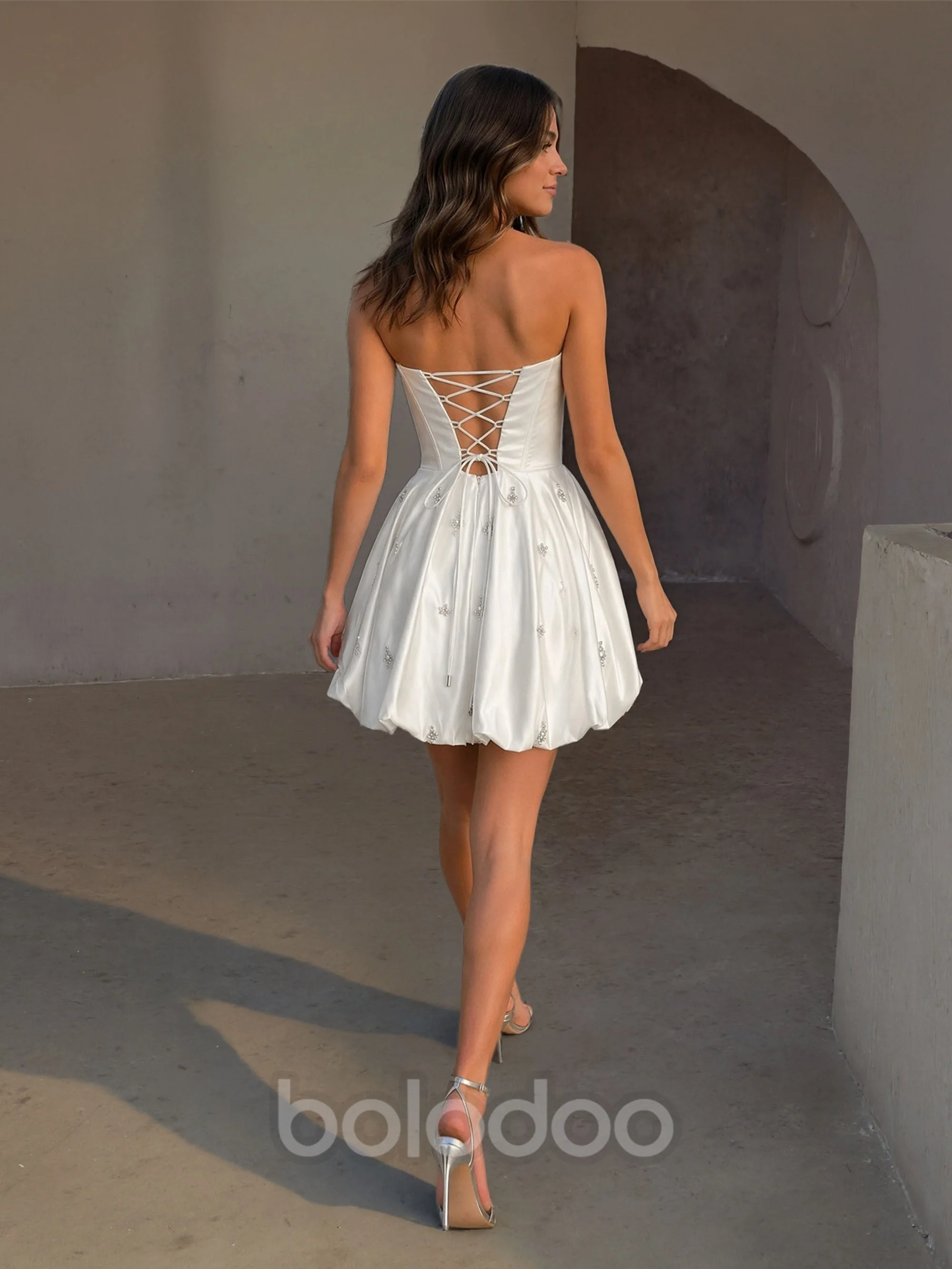 BOLODOO White Satin Crystal Corset Bubble Mini Dress – Strapless Rhinestone Neckline Lace-Up Back