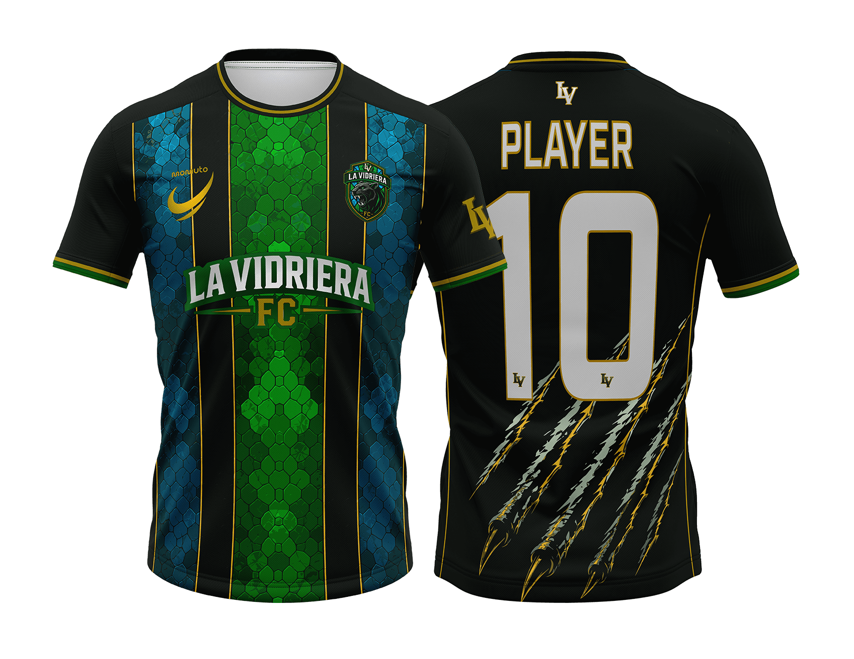 Real MOMUTO custom football jersey made from the La Vidriera AI concept