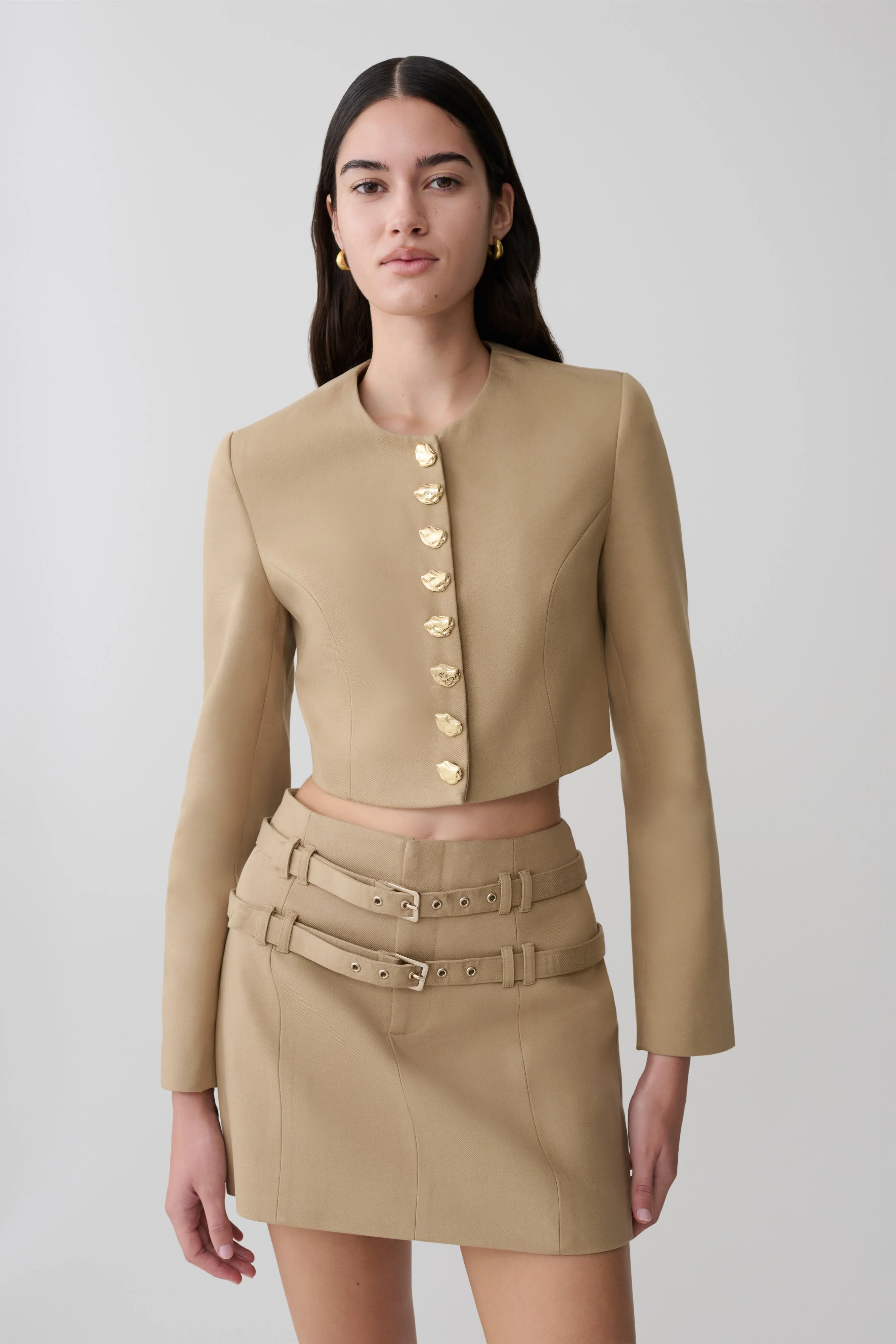 Marielle Button Up Cropped Jacket - Taupe