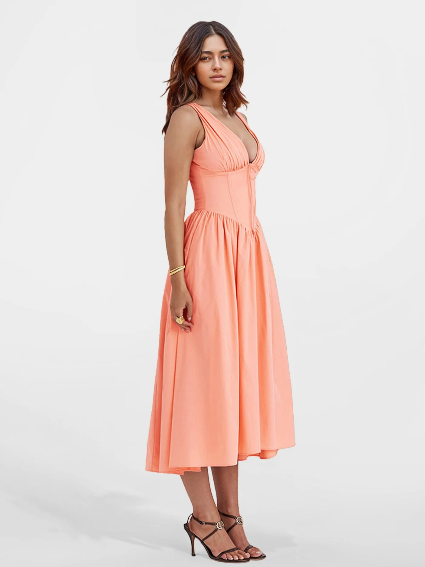V-Neck Cinched Waist Midi Dress
