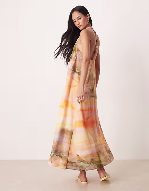 halterneck maxi dress with bead detail in washed sunset print