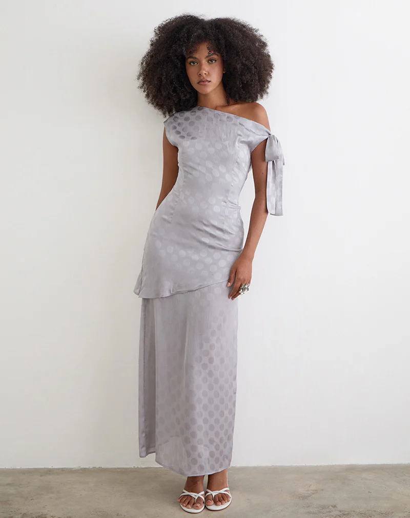 Sardian Maxi Dress in Chiffon Monochrome Silver Grey Polka