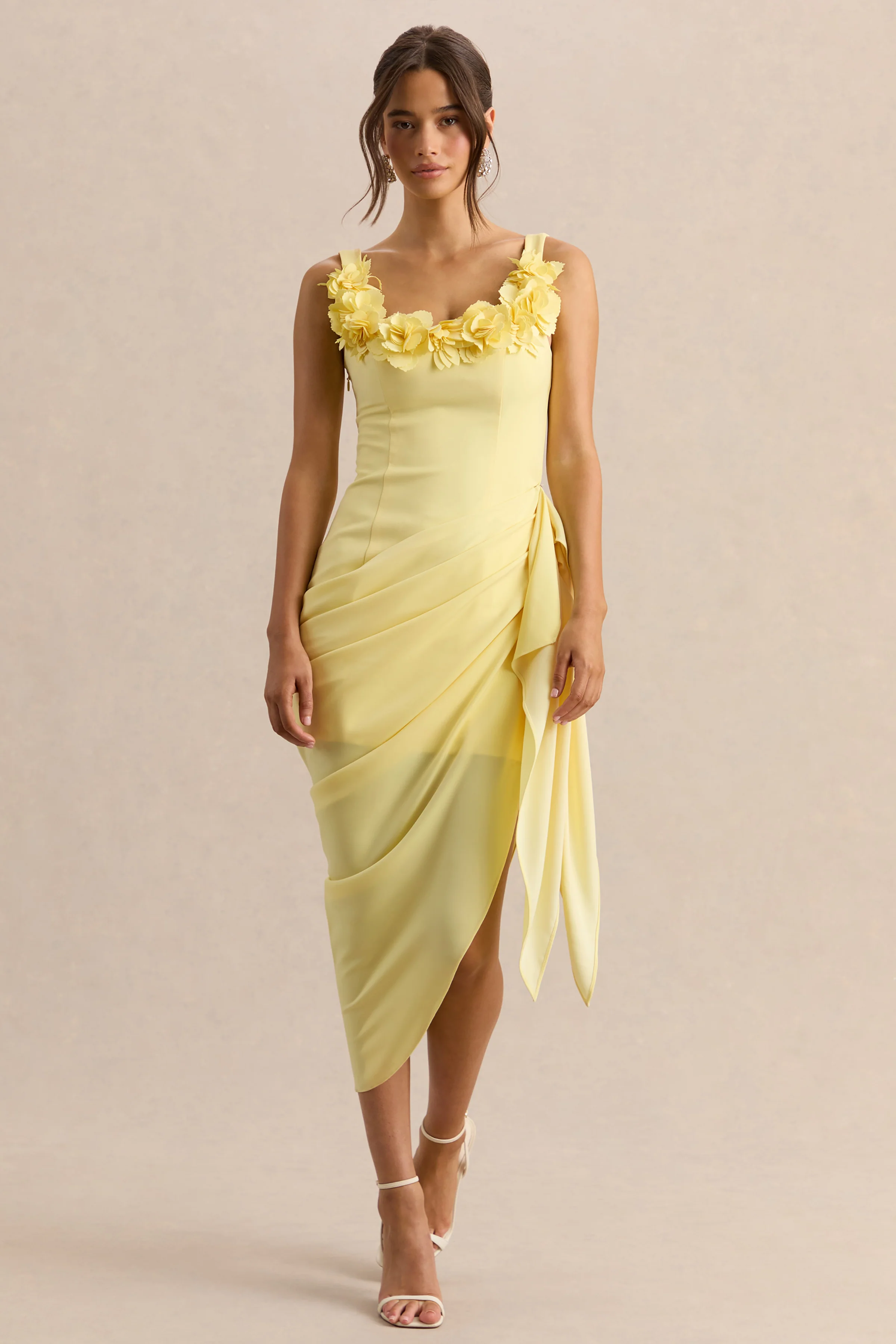 Letitia | Lemon Scoop-Neck Embellished Wrap Midi Dress