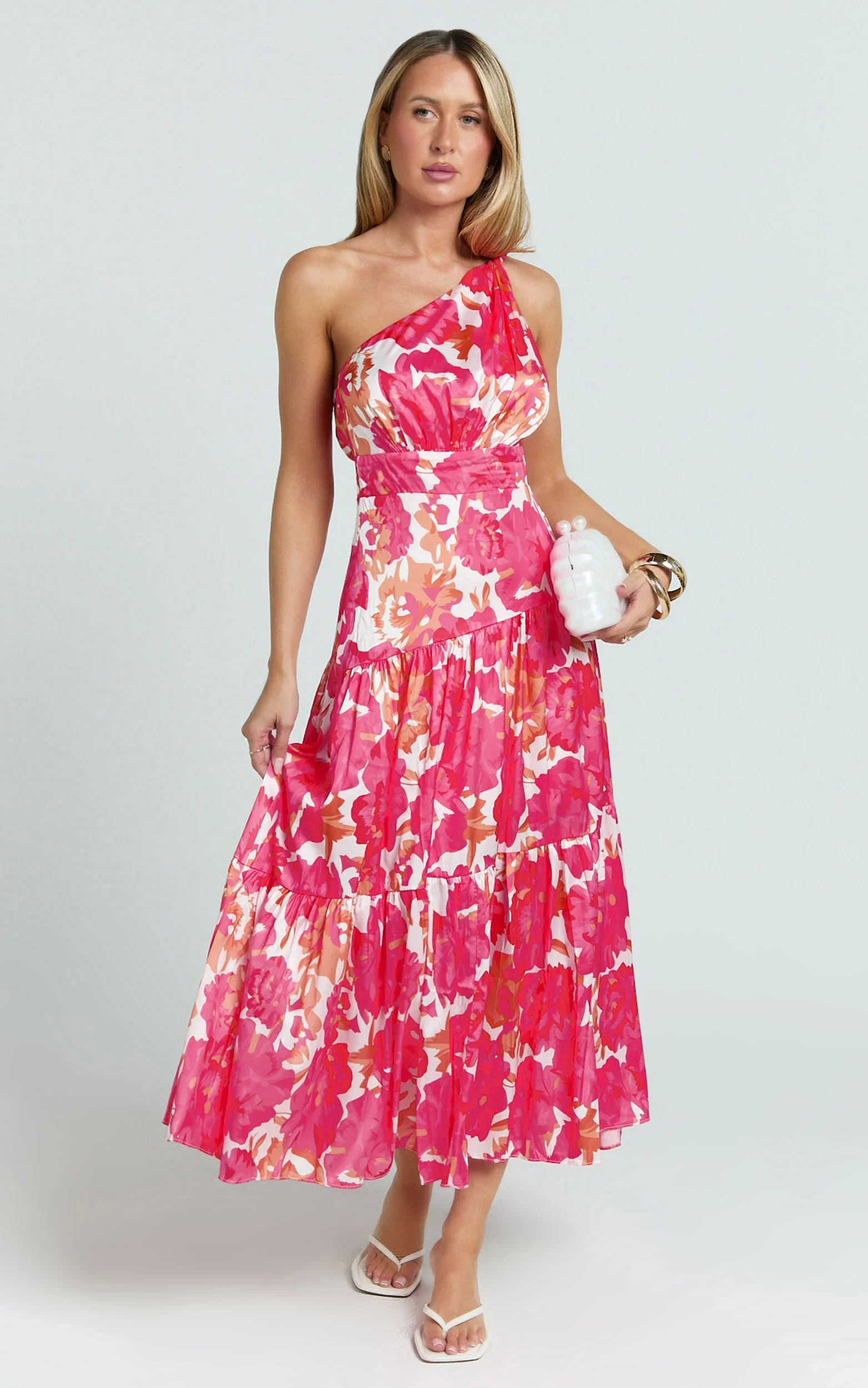 Georgine Midi Dress - One Shoulder Ruched Tiered Dress in Peony Blossom