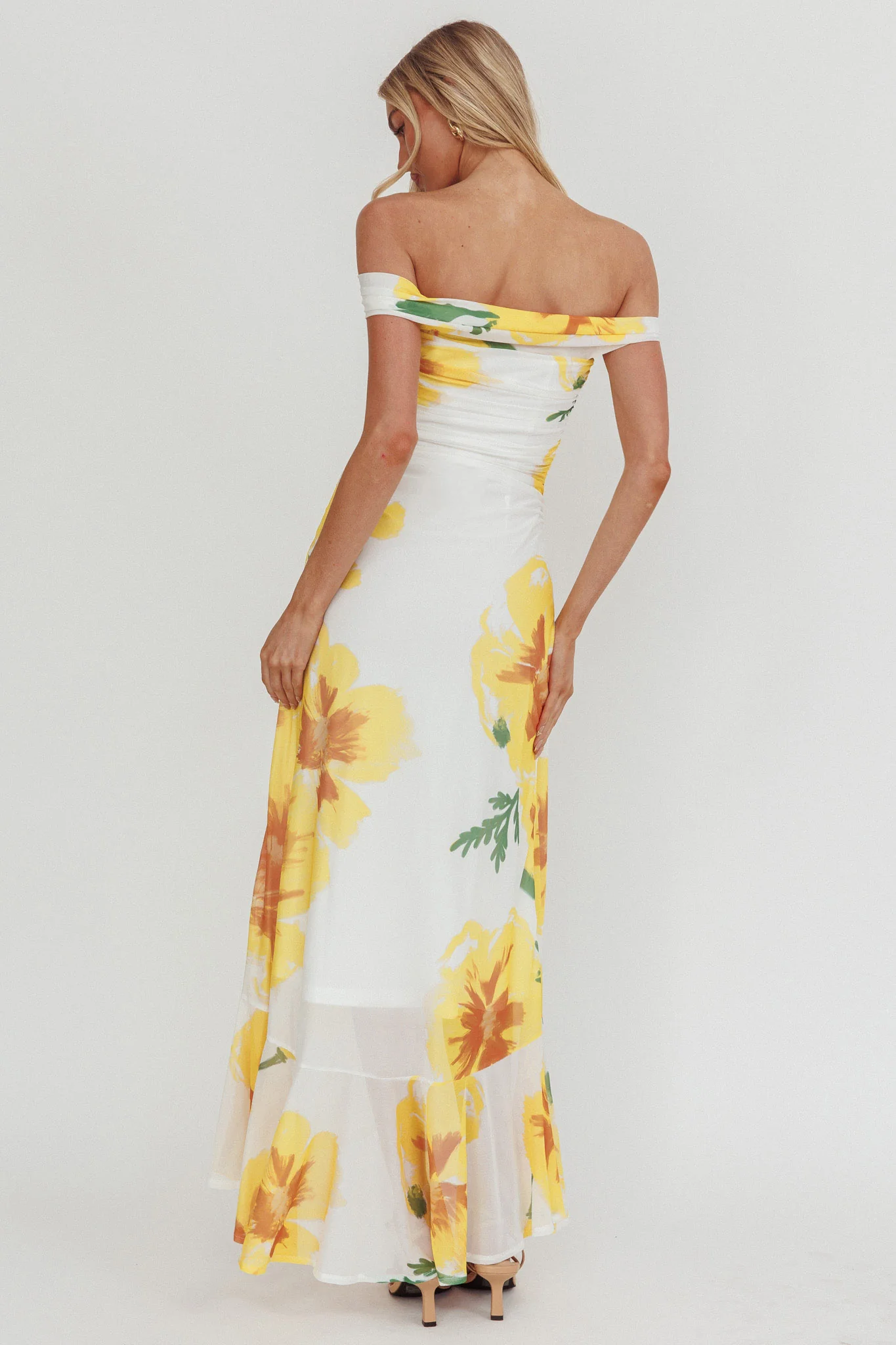 Moonlit Magic Off-Shoulder Split Maxi Dress Flower Yellow - luluinthesky