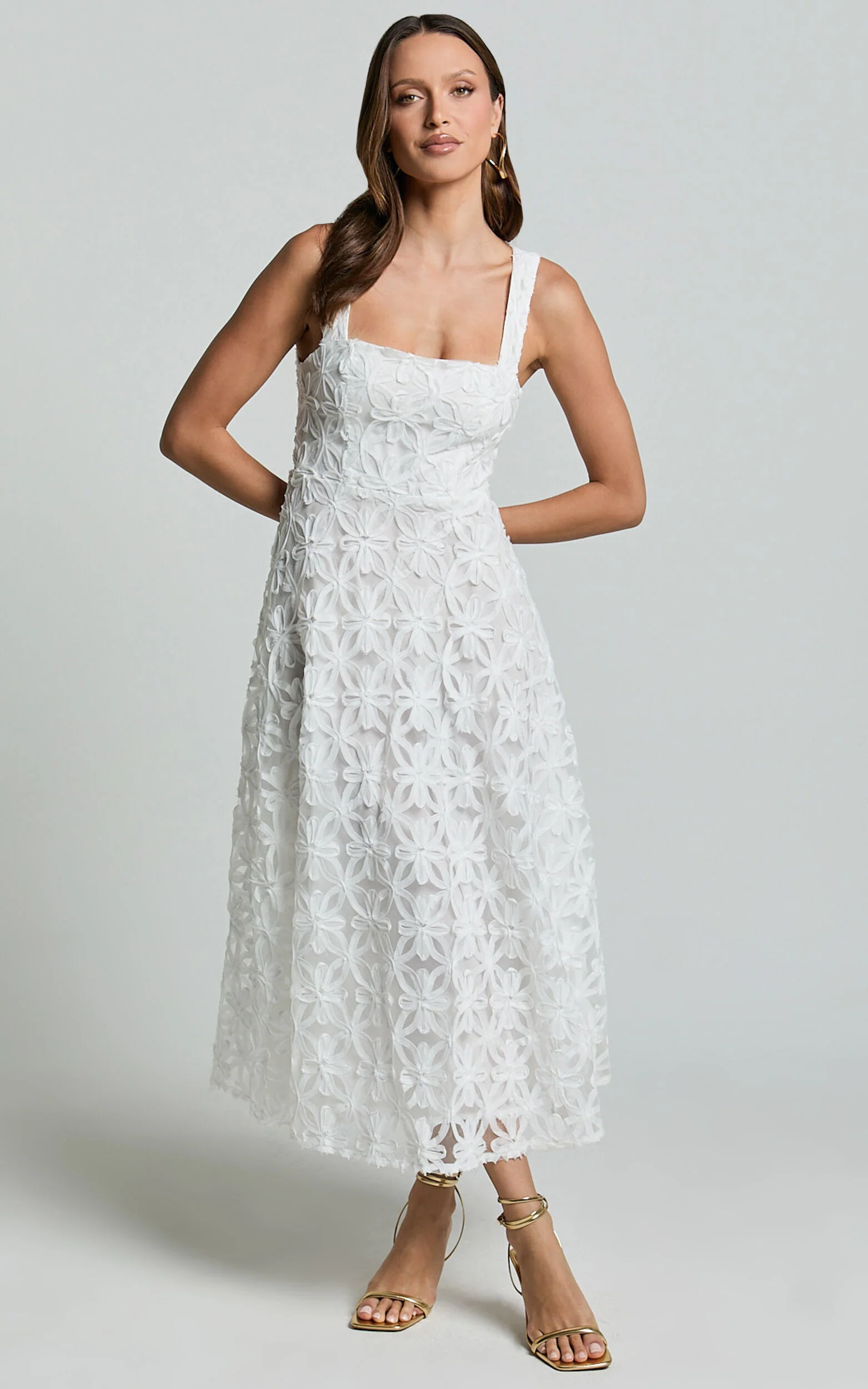 Clarissa Midi Dress - Square Neck Open Back A Line Dress in White