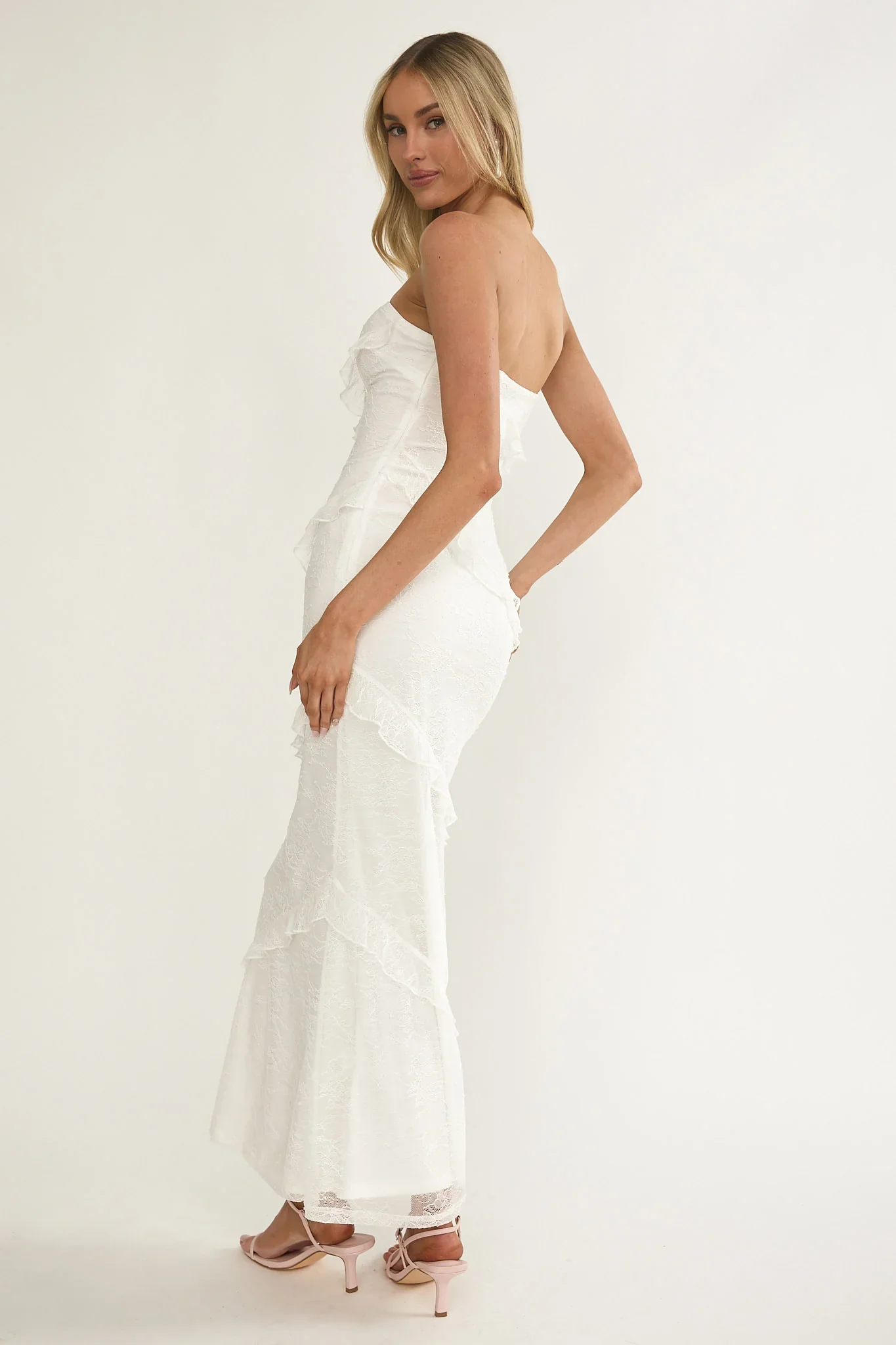 Metrics Strapless Frill Maxi Dress White