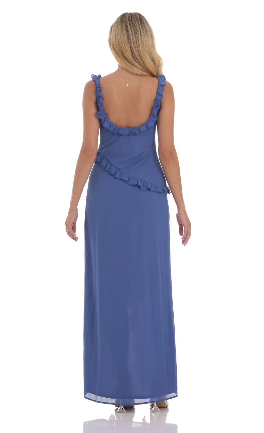 Chiffon Ruffle Dress in Slate Blue