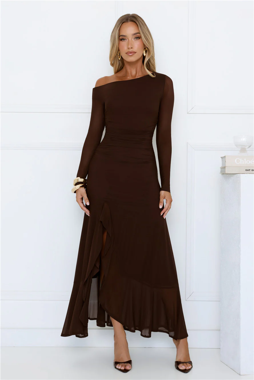 Chic Mesh One Shoulder Maxi Dress Brown
