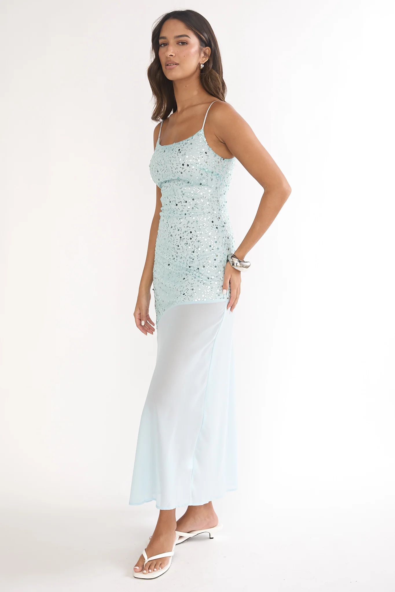 Gilded Dream Chiffon Hem Maxi Dress Sequin Sage - luluinthesky