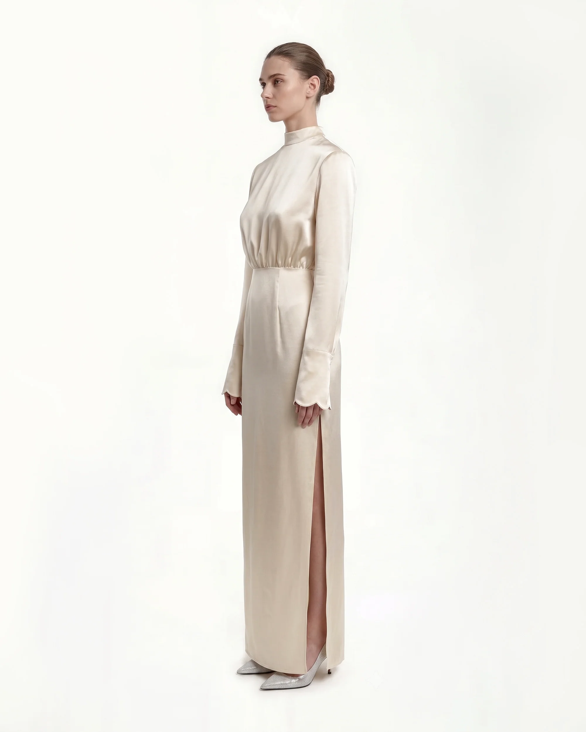 Structured Shoulder Design Satin High-Neck Fitted Maxi Dress - Cream - FASHION NOB