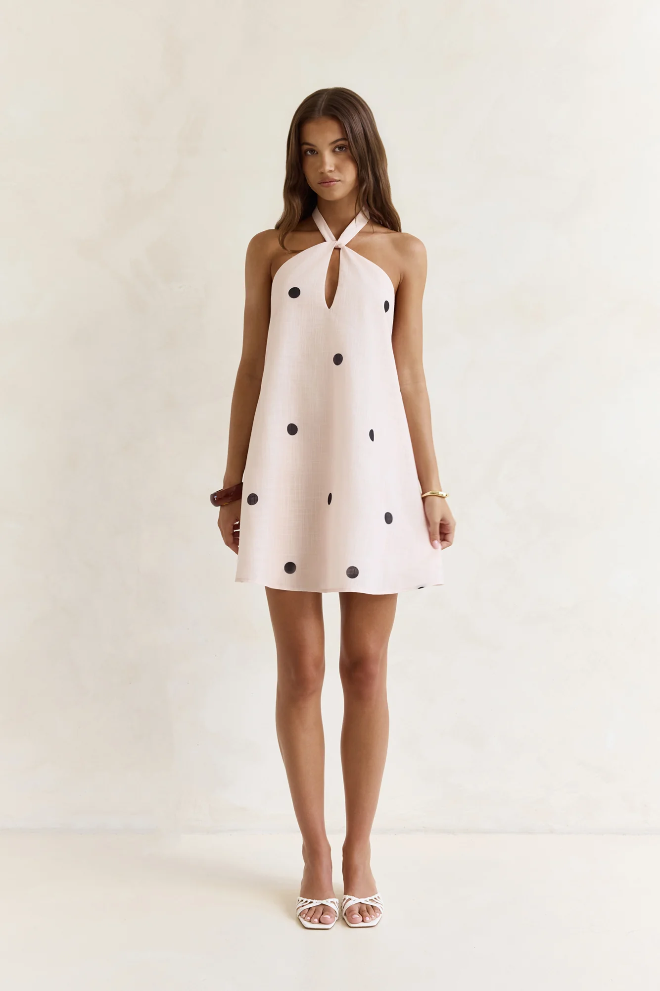 Faith In You Polka Dot Halter Mini Dress Beige - luluinthesky