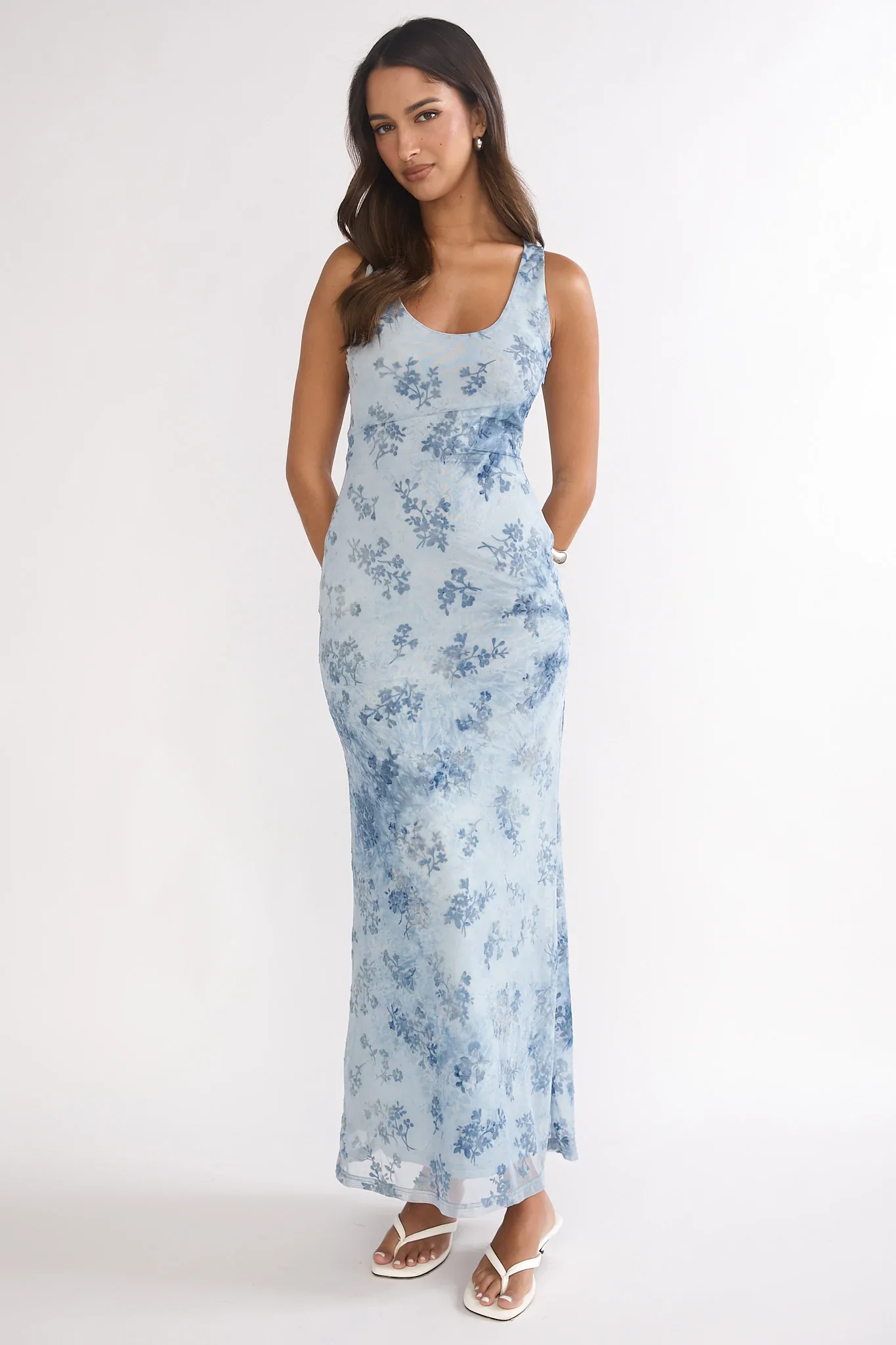 Elowra Mesh Maxi Dress Floral Blue