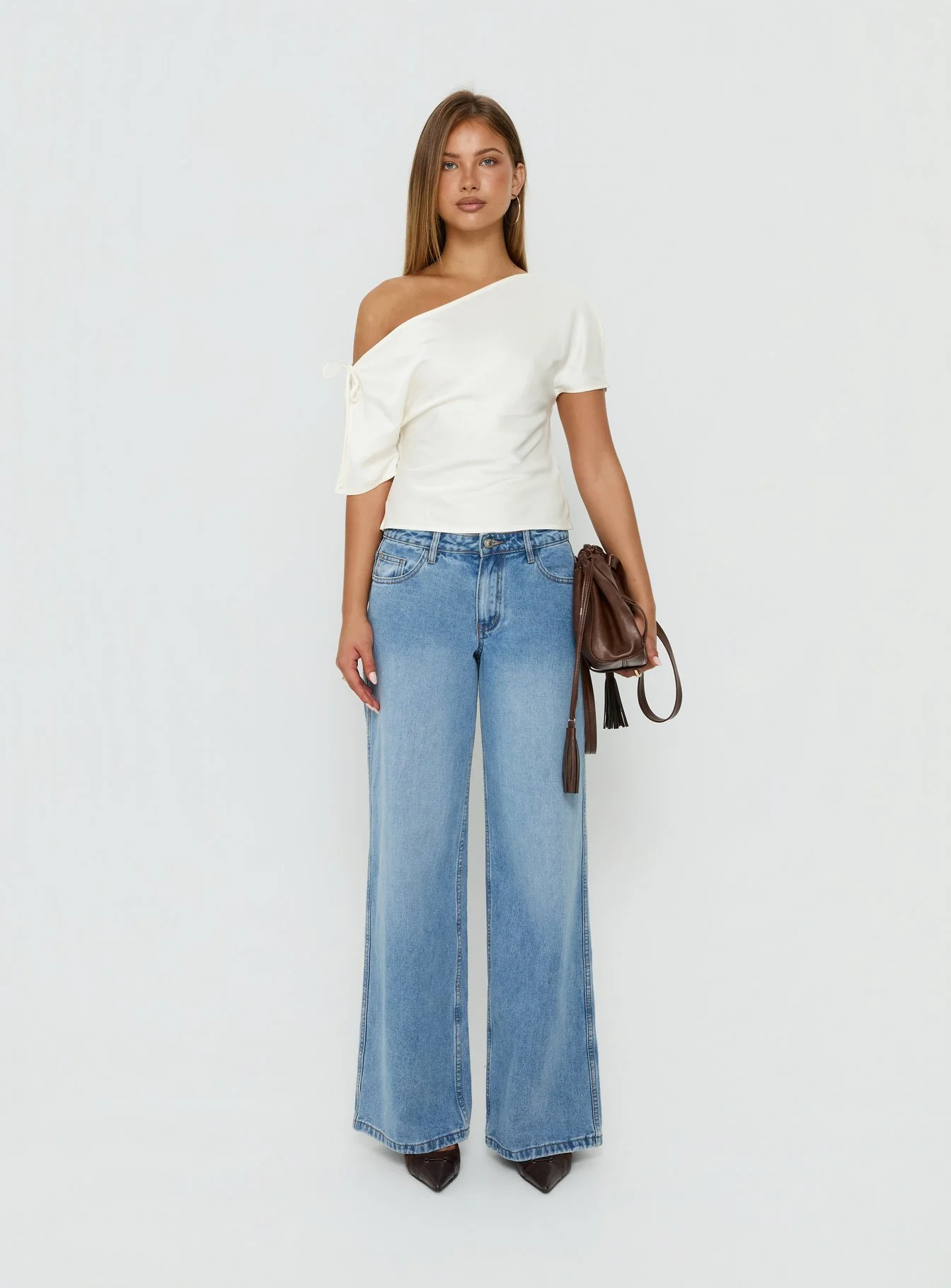 Faisa Off Shoulder Satin Top Cream
