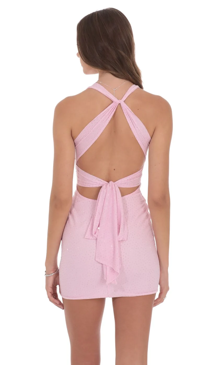 Rhinestone TwistV-Neck Dress in Pink