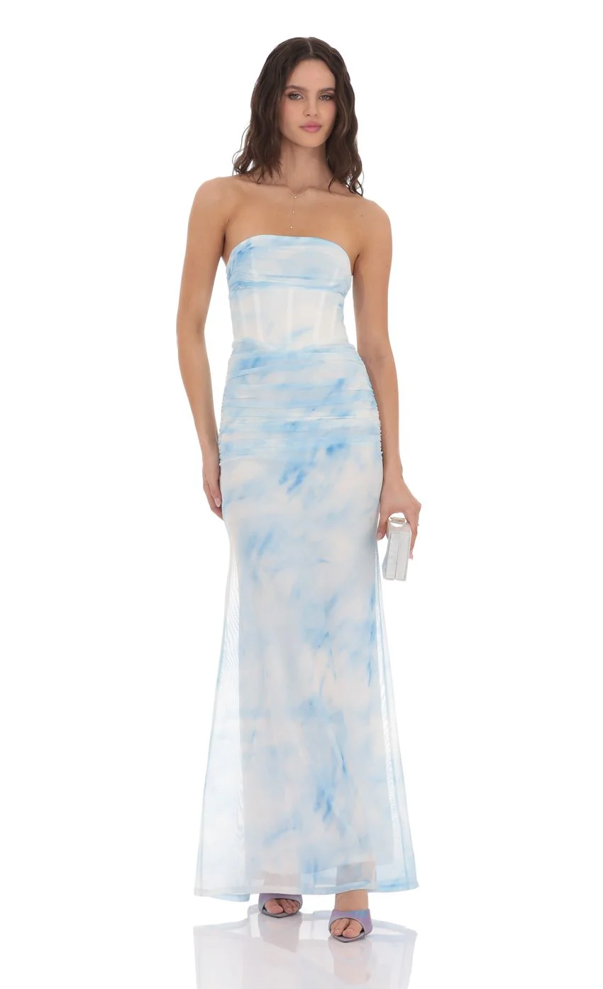 Mesh Strapless Corset Maxi Dress in Blue Tie Dye