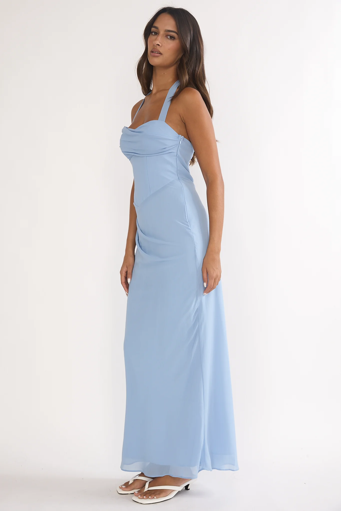 Rovelle Halterneck Pleat Waist Maxi Dress Sky Blue - luluinthesky