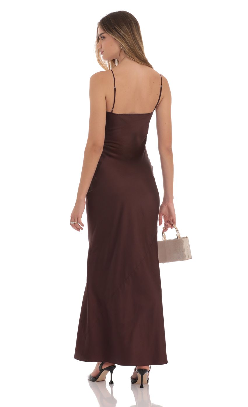 Satin Cutout Ties Maxi Dress in Brown