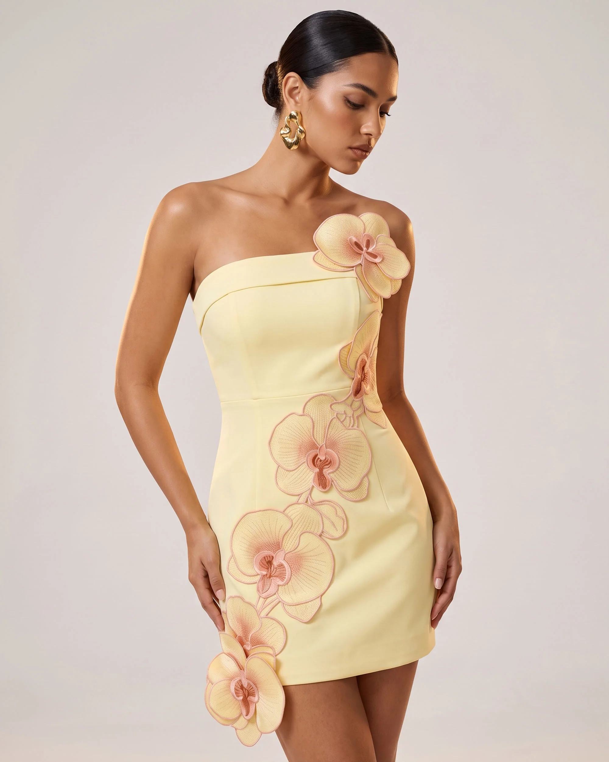 Orchid Embroidered Floral Appliqué Strapless Mini Dress - Light Yellow - FASHION NOB