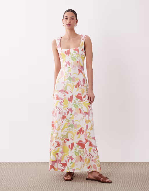 square neck seam detail midi dress in abstract floral print