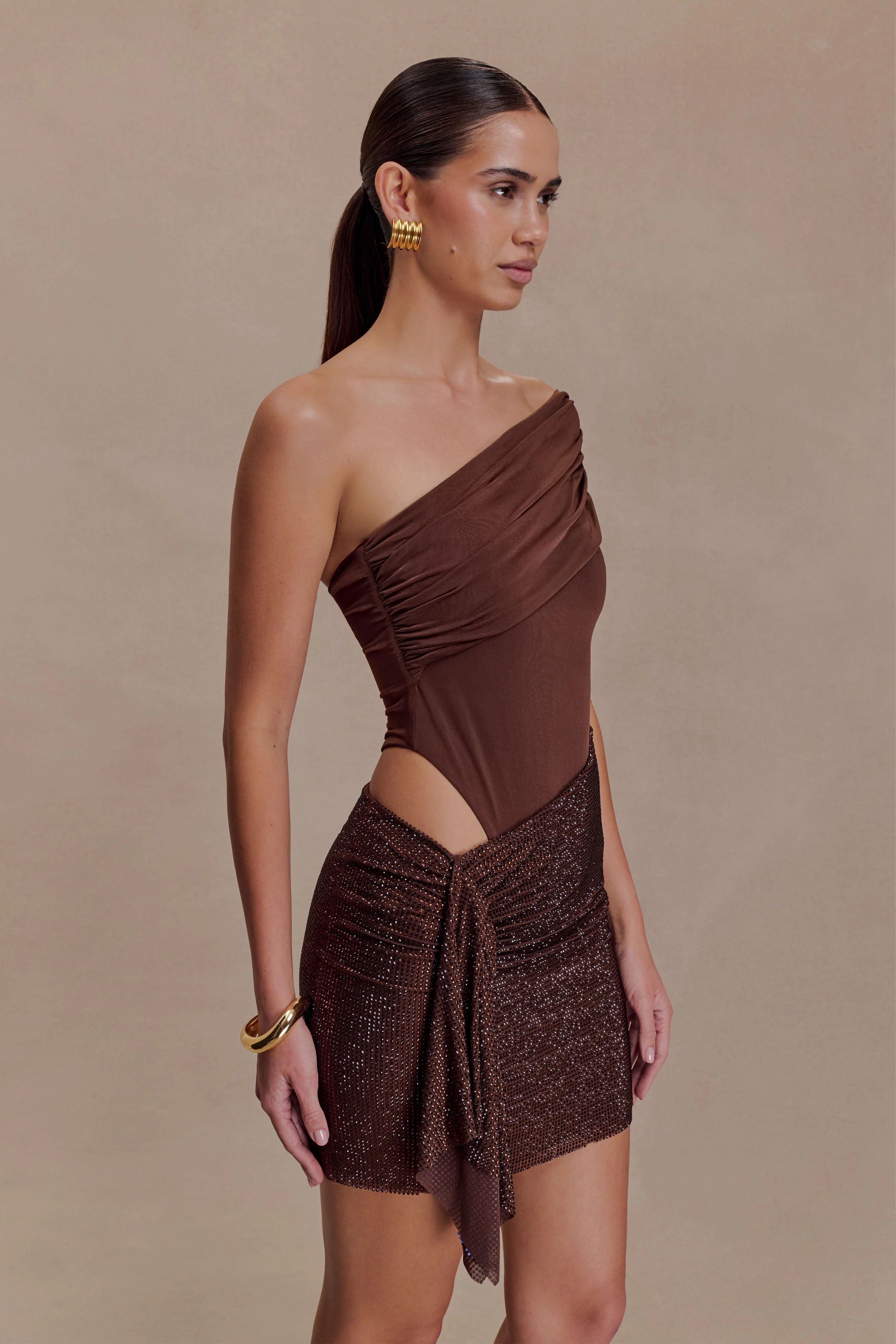 Paisley Slinky And Diamante Mini Dress - Chocolate