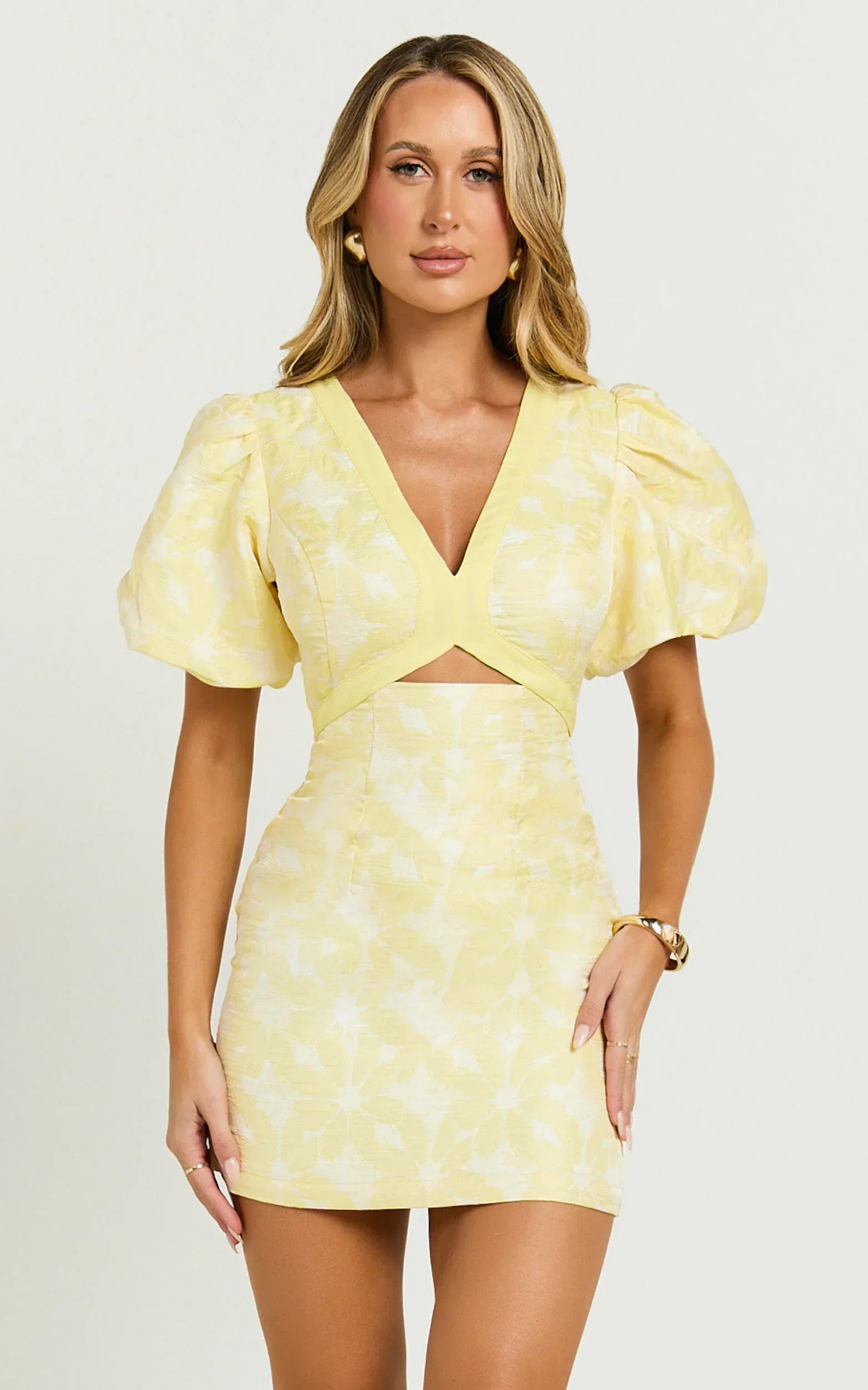 Diana Mini Dress - Jacquard Short Sleeve Cut Out Dress in Lemon