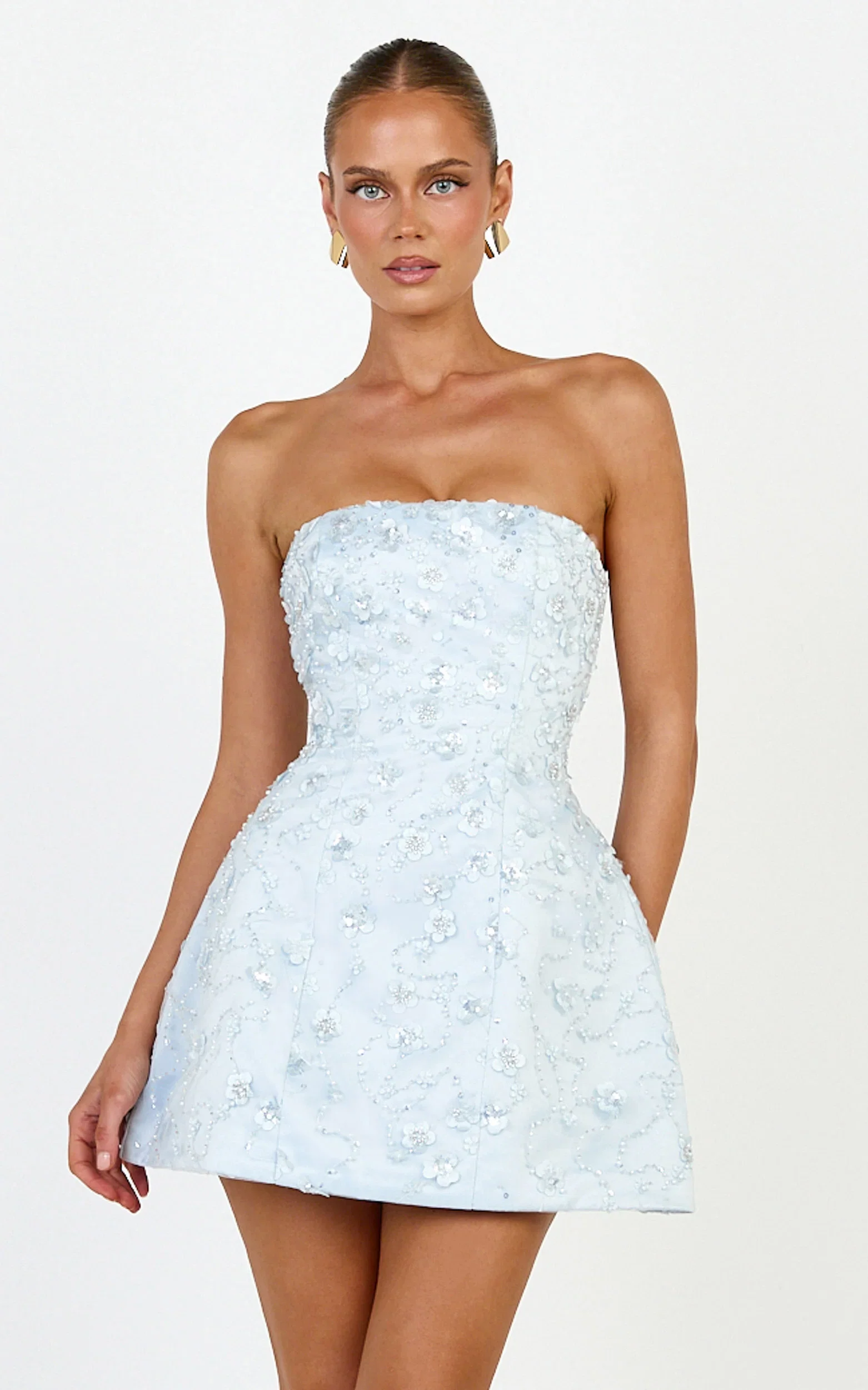 Leona Mini Dress - Strapless Sequin Tulip Dress in Baby Blue