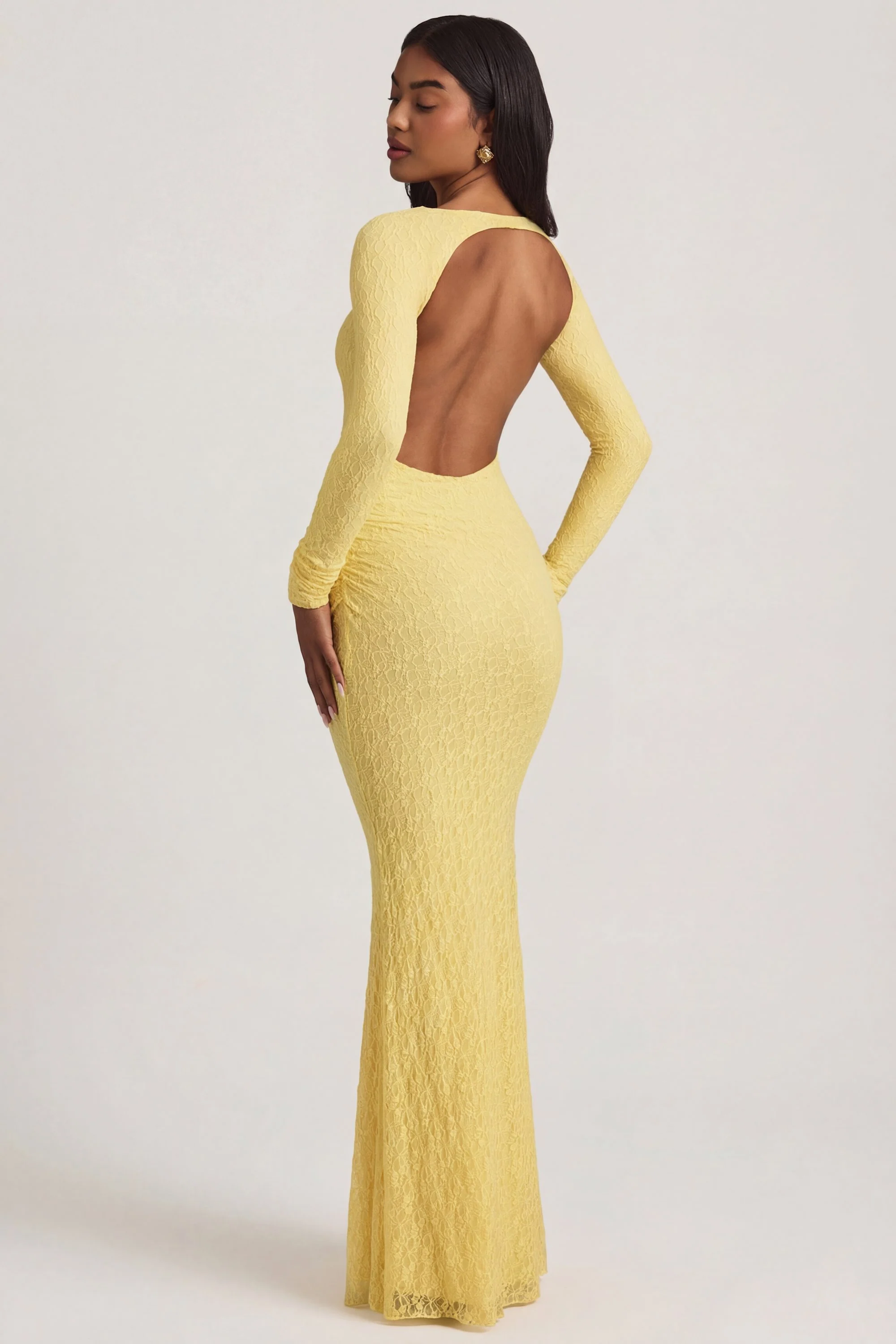 Ruched Backless Lace Maxi Dress in Pastel Yellow