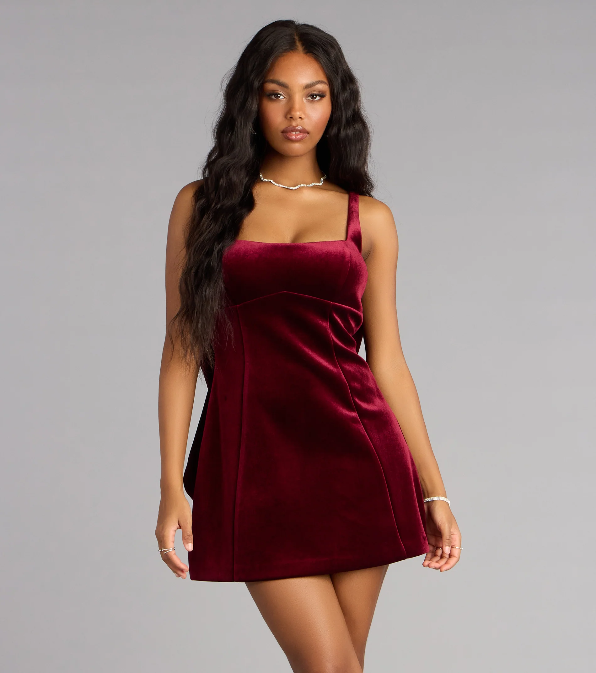 Analeah Woven Velvet Bow Mini Dress
