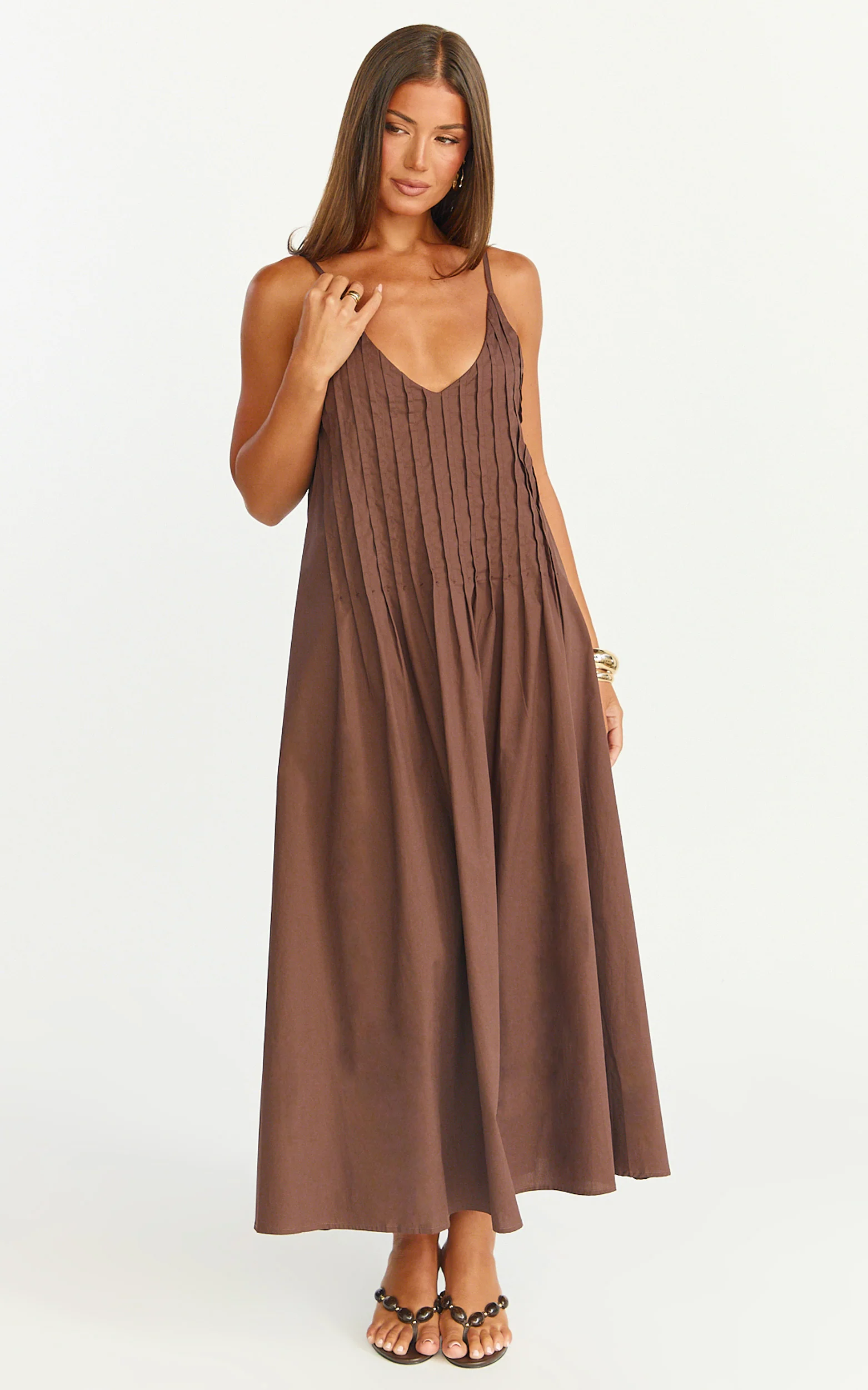 Estelle Maxi Dress - V Neck Pleated Dress in Chocolate