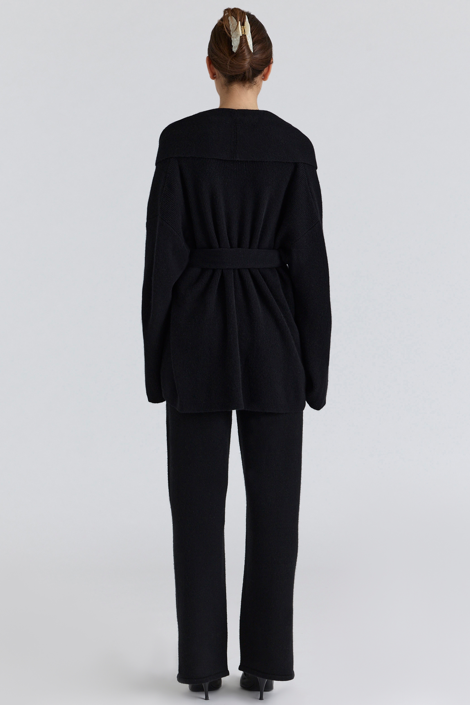 Black Pure Wool Draped Front Cardigan
