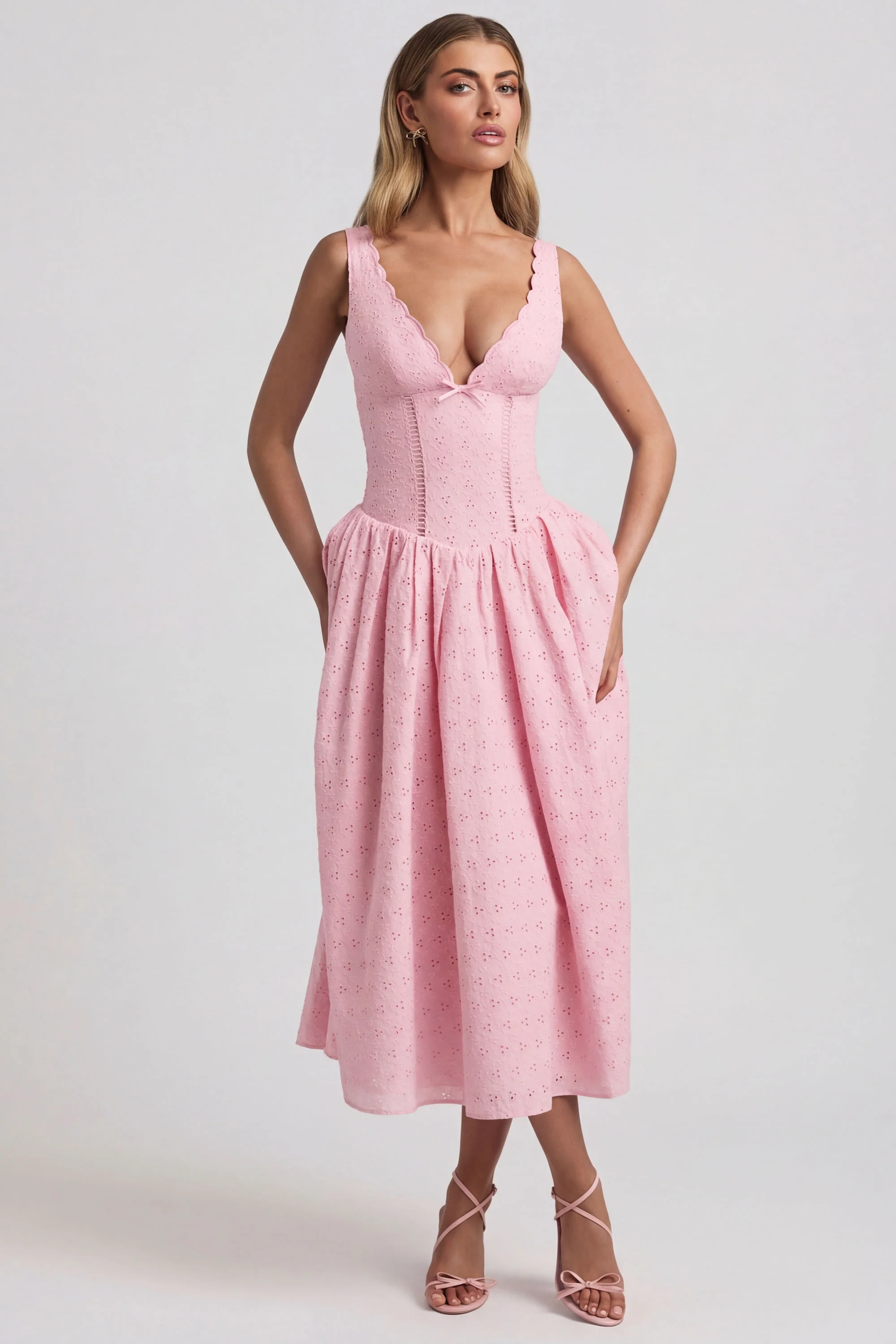 Broderie Anglaise Bow-Detail A-Line Midaxi Dress in Soft Pink