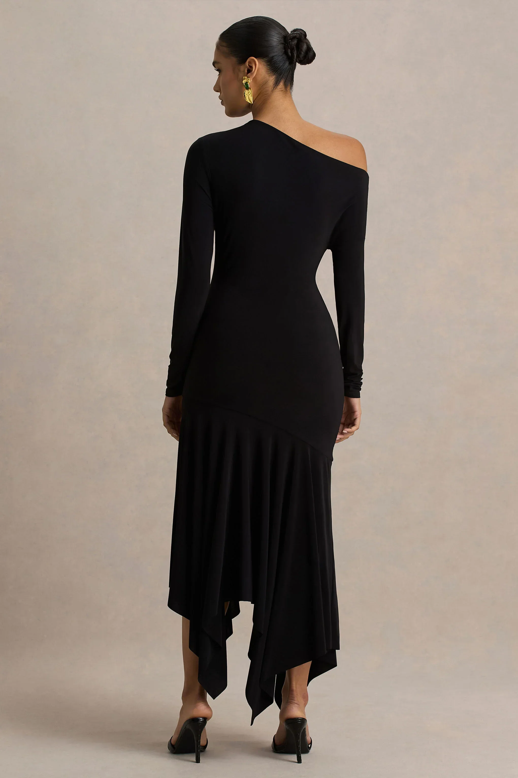 Isola | Black Asymmetric-Neck Midi Dress With Hanky-Hem