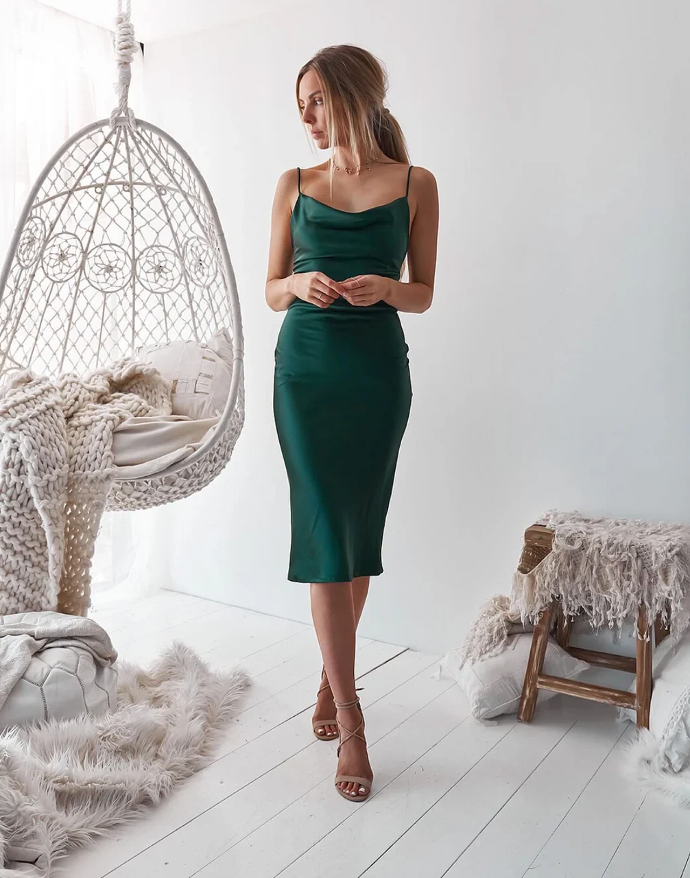 Aspen Midi Dress - Emerald Green Satin Slip Dress - elegeleges