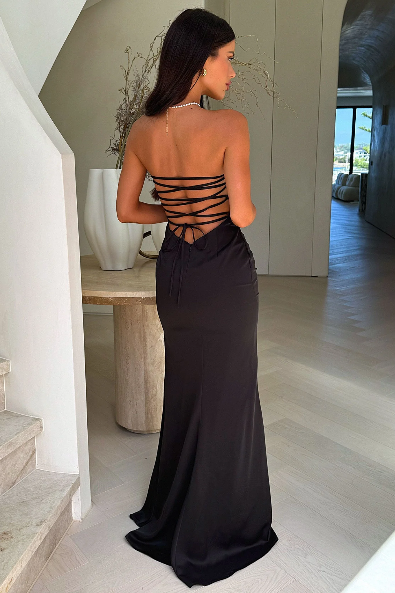 Ophelia Strapless Embellished Satin Maxi Dress - Black
