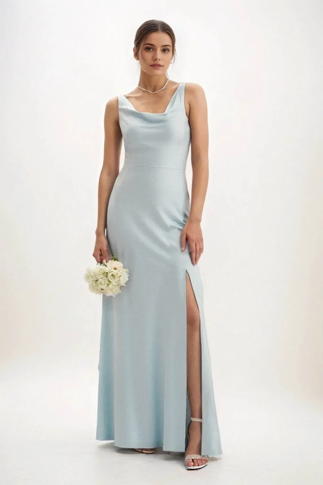 Sheath-Column Maxi Luxe Satin Bridesmaid Dress CB0816