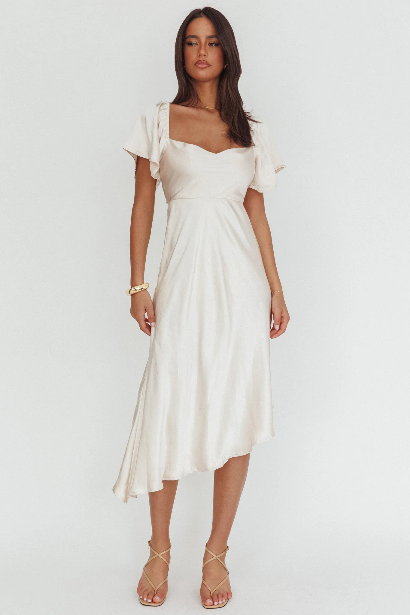 Grayson Tied Back Asymmetrical Midi Dress Champagne - luluinthesky