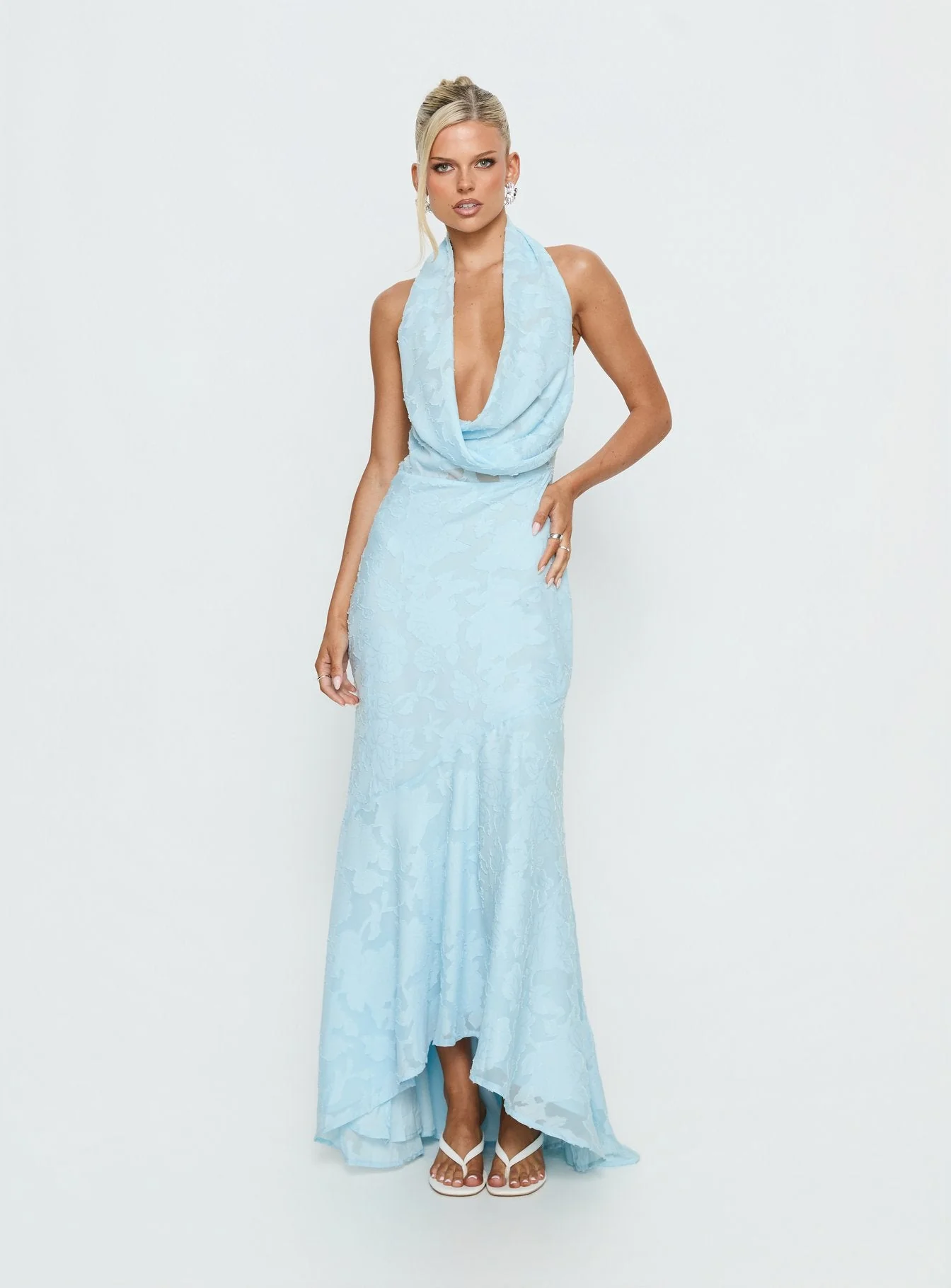 Invisible String Cowl Plunge Backless Maxi Dress Light Blue