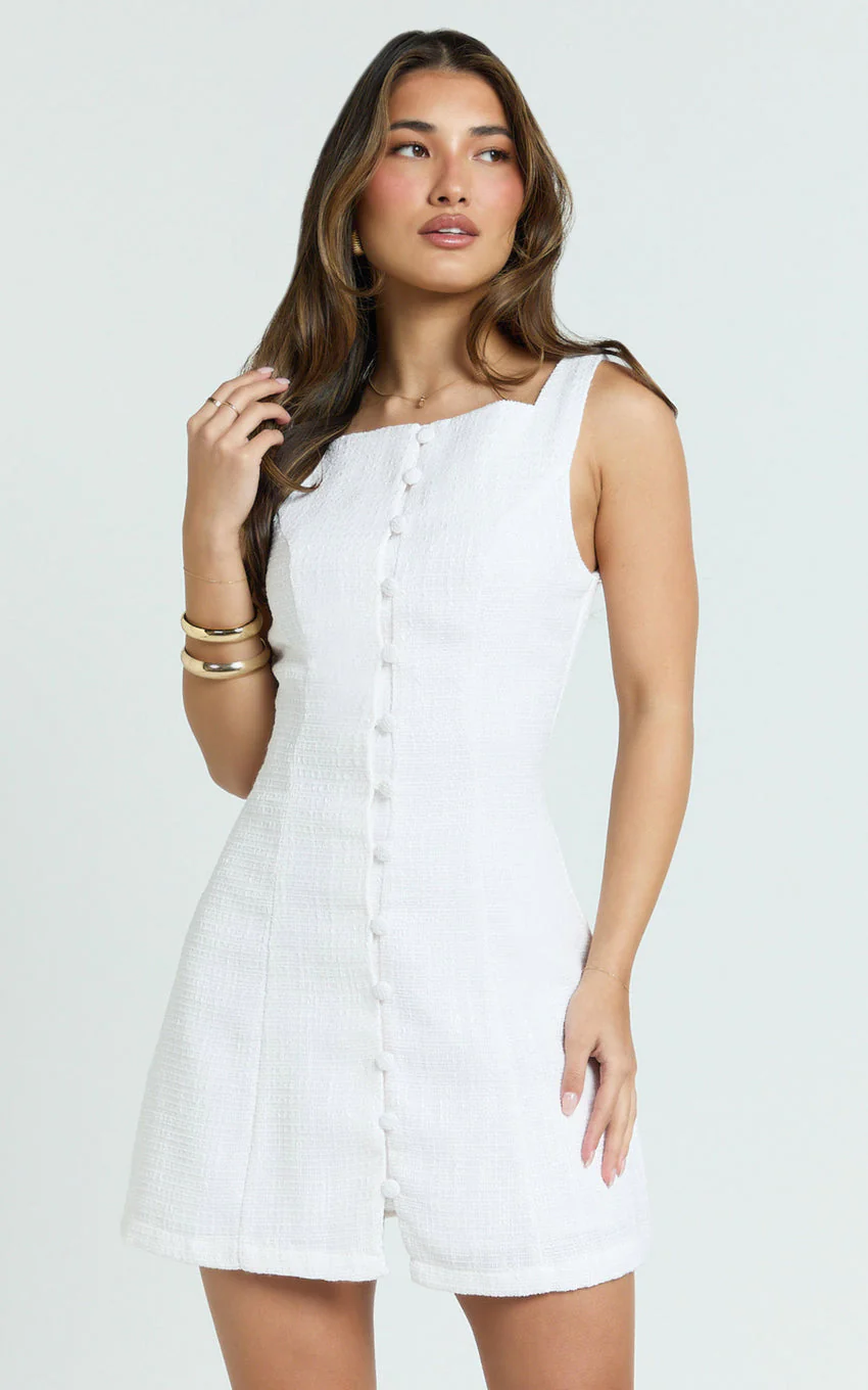 Aveline Mini Dress - Structured Button Front Dress In White